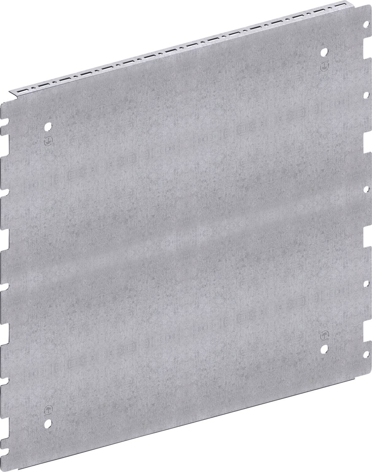 Metallplatte mit rechteckiger Form, vier Löchern in den Ecken und gleichmäßigen Rändern. Oberfläche hat eine matte, graue Textur.