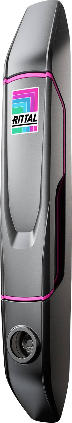 Griffstück mit Rittal-Logo, meist für Schaltschränke verwendet, in schwarzem Gehäuse, vertikal orientiert.