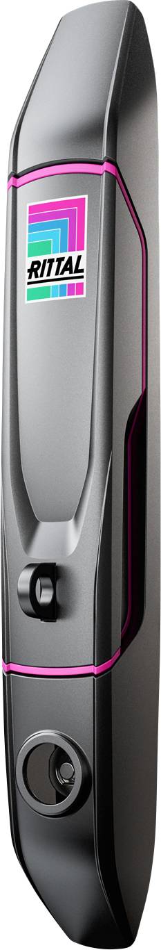 Schwarzer metallischer Schrankgriff mit einem zentralen Schlüsselmechanismus. Oben befindet sich ein Logo mit geometrischen Formen und 'Rittal'.