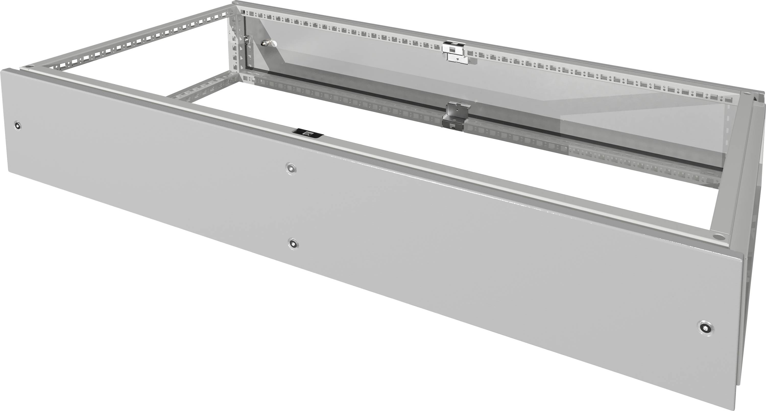 Ein stabiles Metallregal mit mehreren Befestigungspunkten, geeignet für industrielle oder gewerbliche Anwendungen, ohne weitere Ausstattung.