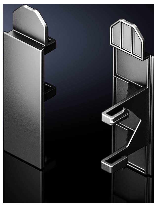Ein stilisiertes, hochglänzendes 3D-Render von zwei metallischen Objekten mit rechteckigen und gebogenen Formen vor neutralem Hintergrund.