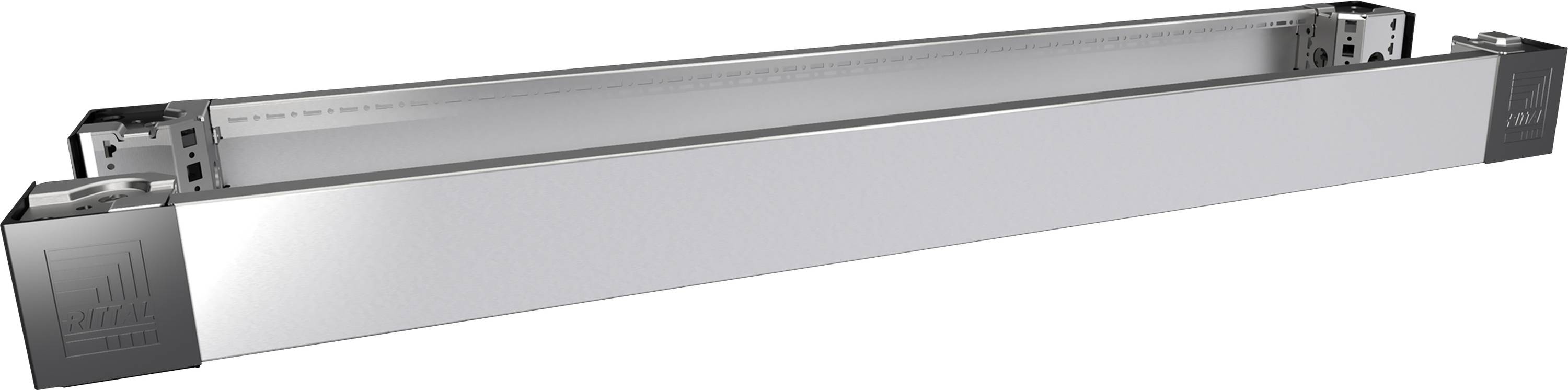 Metallisches Gehäuse, rechteckig, mit offenen Enden und Befestigungsmerkmalen, geeignet für elektrische Geräte oder Installationen.