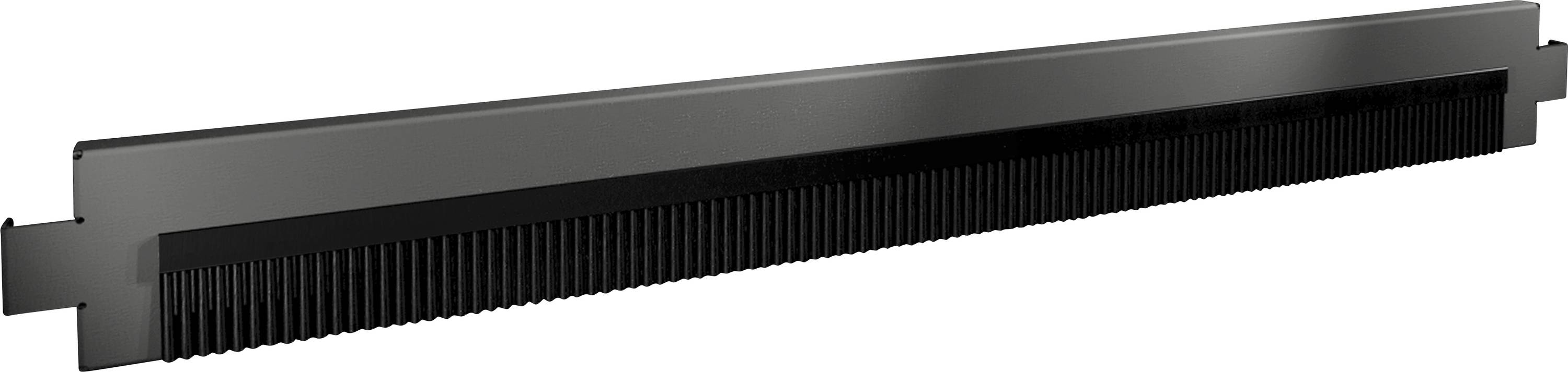 Schwarzer, länglicher Kunststoffstreifen mit feinen Kamm- oder Borstenhärchen; genutzt für Kabelmanagement in IT-Racks.