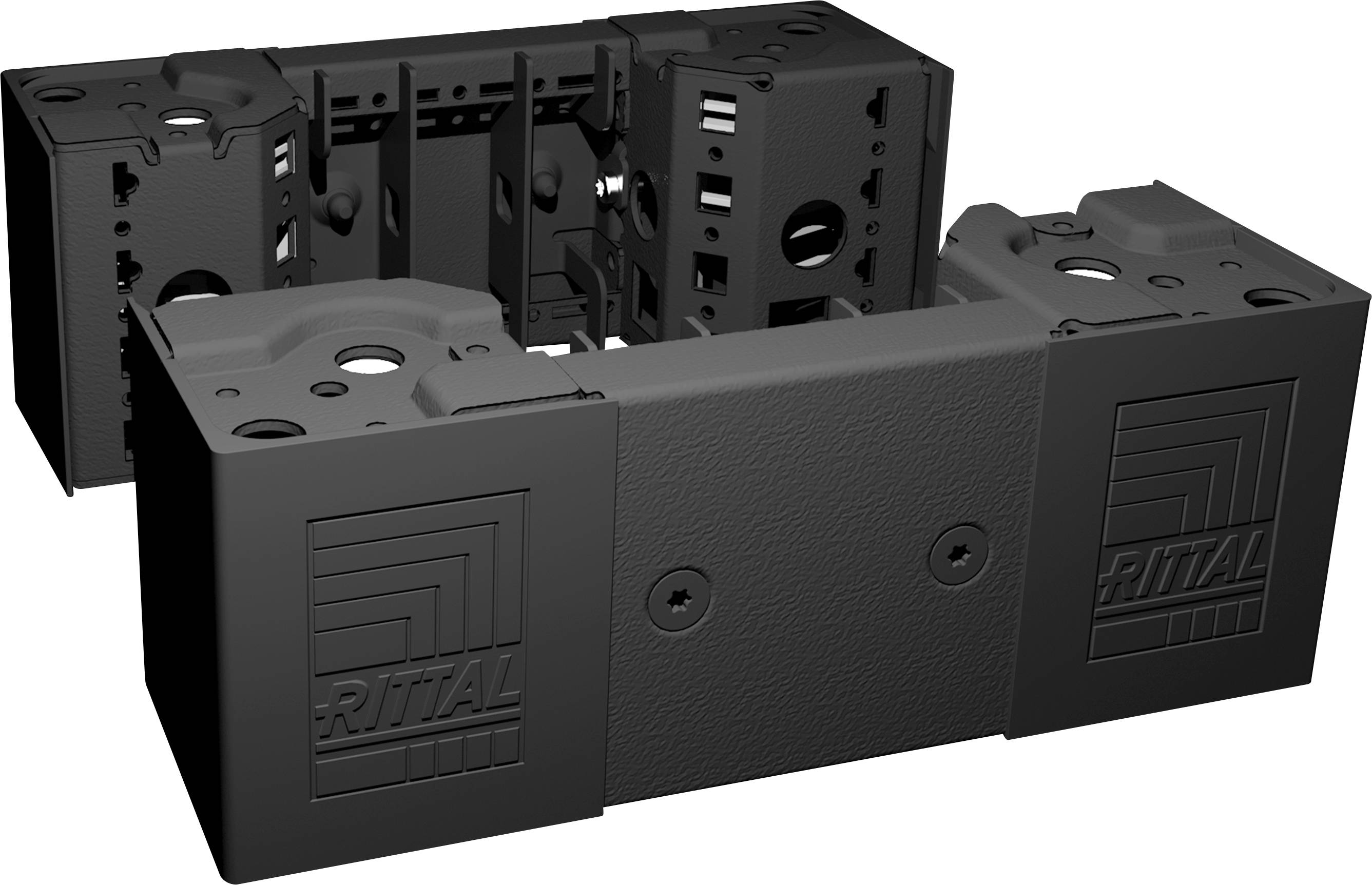 Schwarzes Kunststoffgehäuse von Rittal, bestehend aus zwei Teilen mit Markenlogo, oft verwendet für elektronische Anwendungen und Schaltschränke.