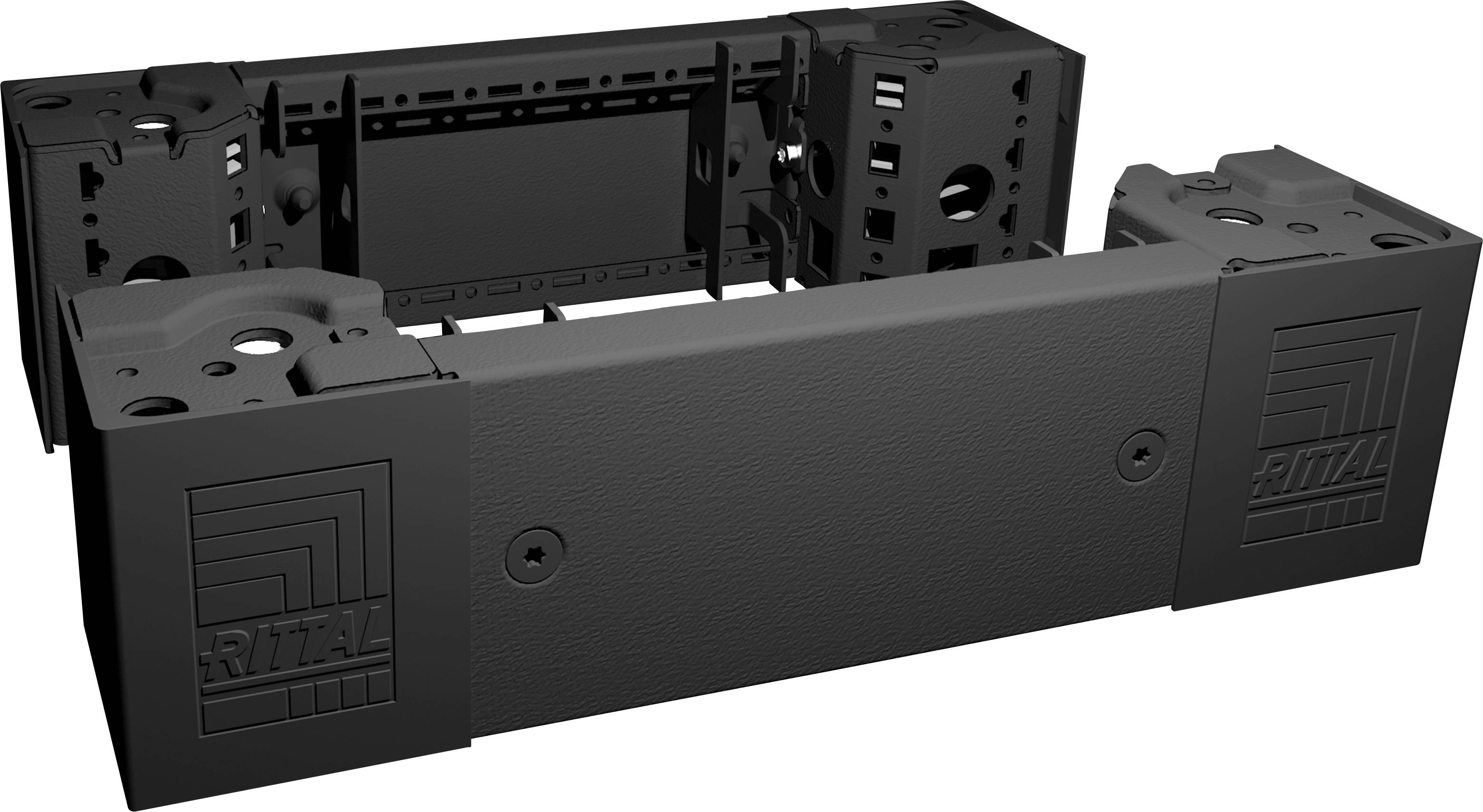 Ein schwarzes, rechteckiges Gehäuse von Rittal mit technischen Aussparungen und Markenlogo, vermutlich für elektrische Komponenten.