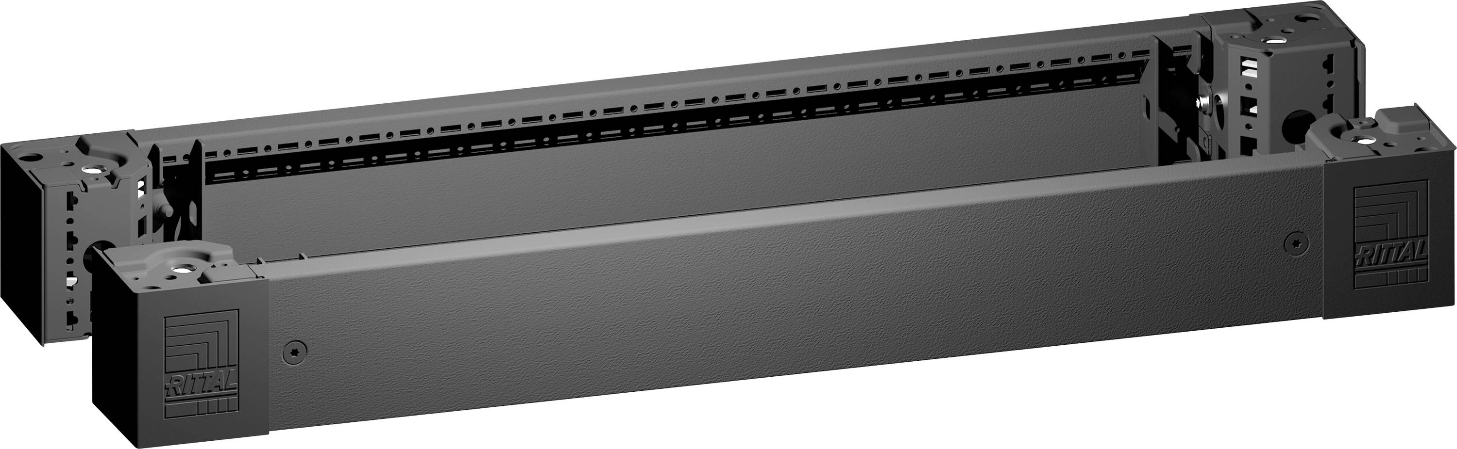 Ein schwarzes, rechteckiges Bauteil mit mehreren Schlitzen und Befestigungselementen, möglicherweise ein Teil eines technischen Geräts oder Systems.