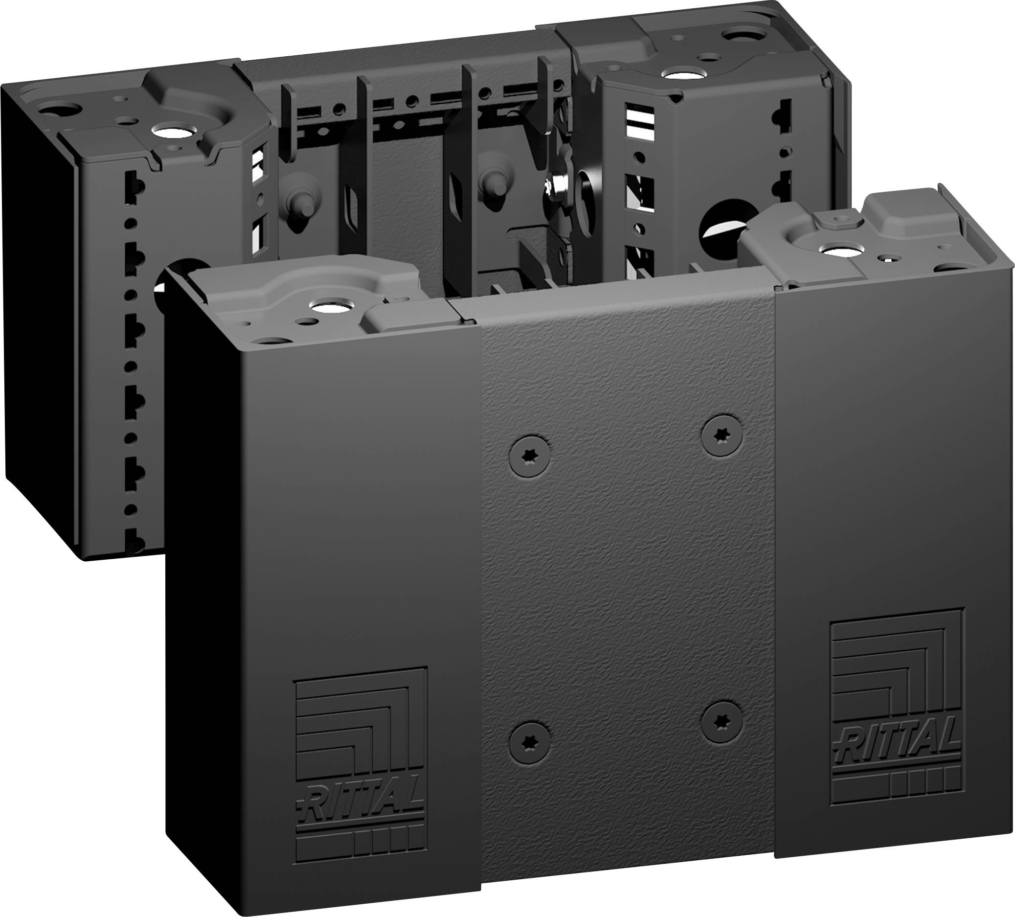 Zwei schwarze Wandhalterungen von Rittal, geeignet für die Montage von elektrischen Geräten. Vorder- und Rückansicht gezeigt.