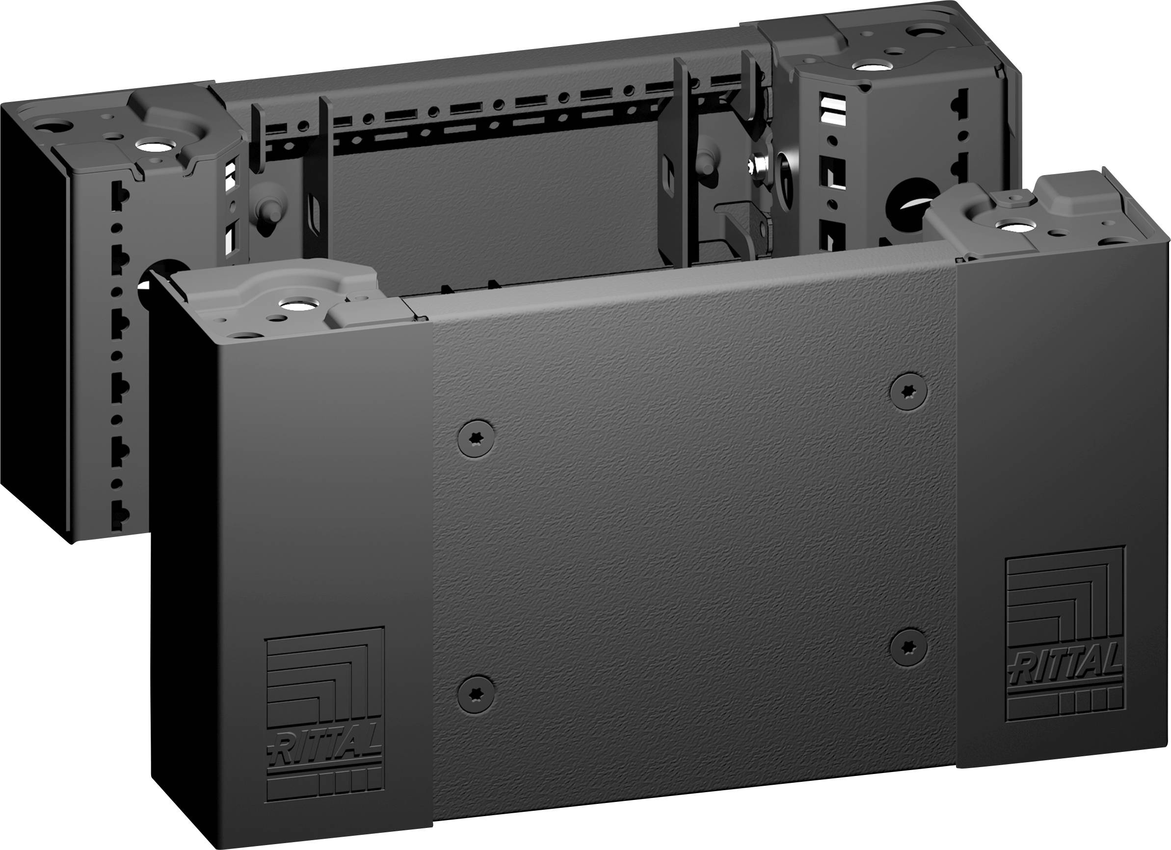Schwarzes Gehäuse mit mehreren Öffnungen von Rittal, zur Montage elektronischer Komponenten, robustes Design für industrielle Anwendungen.