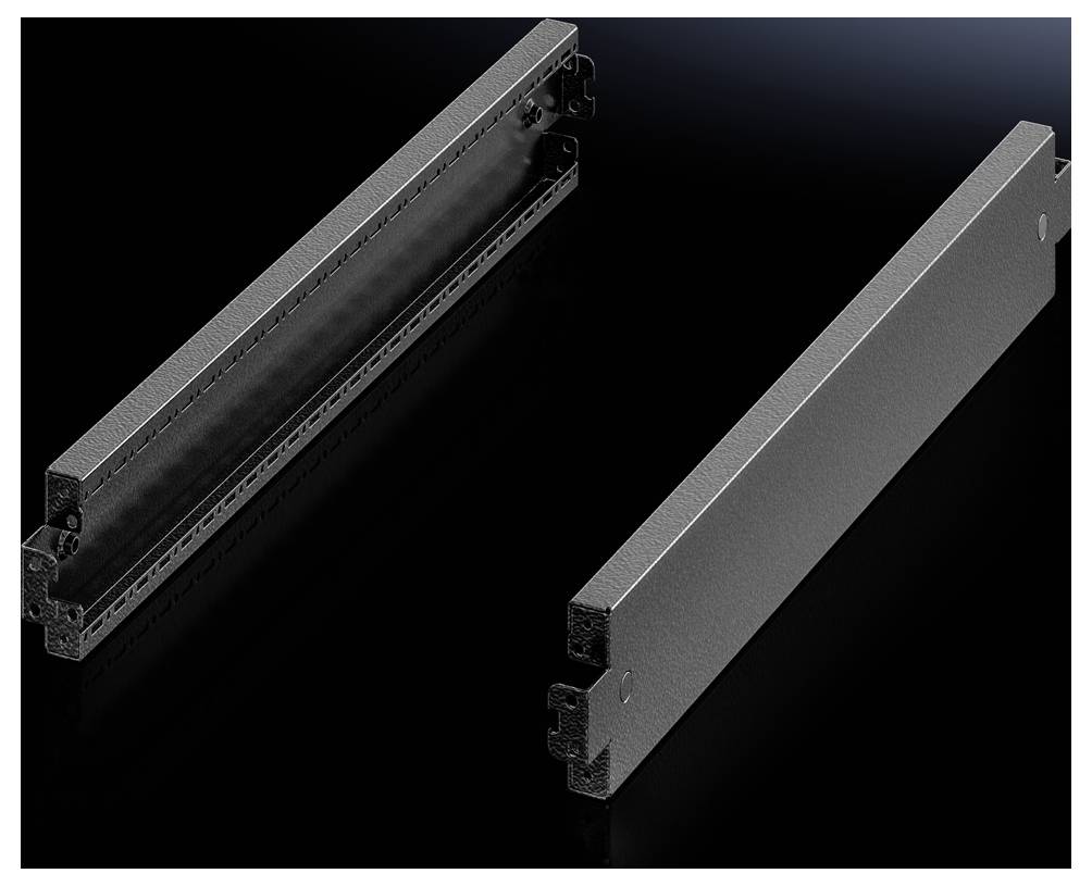 Zwei schwarze Metallprofile mit seitlichen Aufhängungen, dargestellt gegen einen dunklen Hintergrund. Eignen sich für Regalstrukturen.