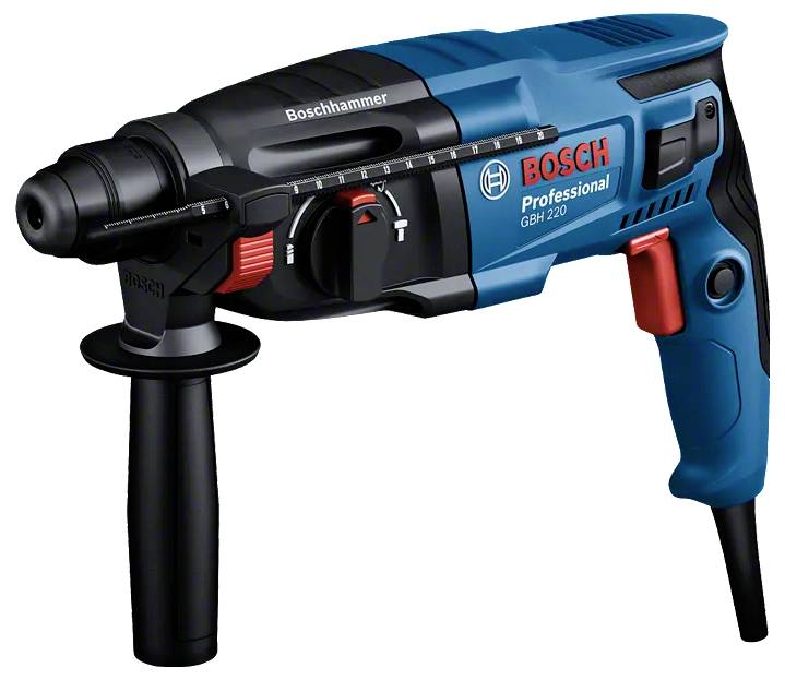 Bosch-Bohrhammer Bosch Professional Elektrobohrer mit Seitenbügel, Modellbezeichnung GBH 220. Blau-schwarzes Design mit rotem Abzugsknopf.