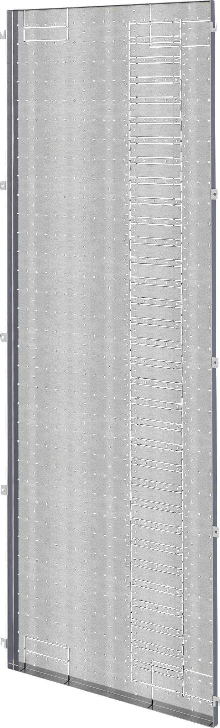 Metallische Bauplatte mit vertikalen und horizontalen Linien, möglicherweise Teil eines Baugerüsts oder Trennelements in der Architektur.