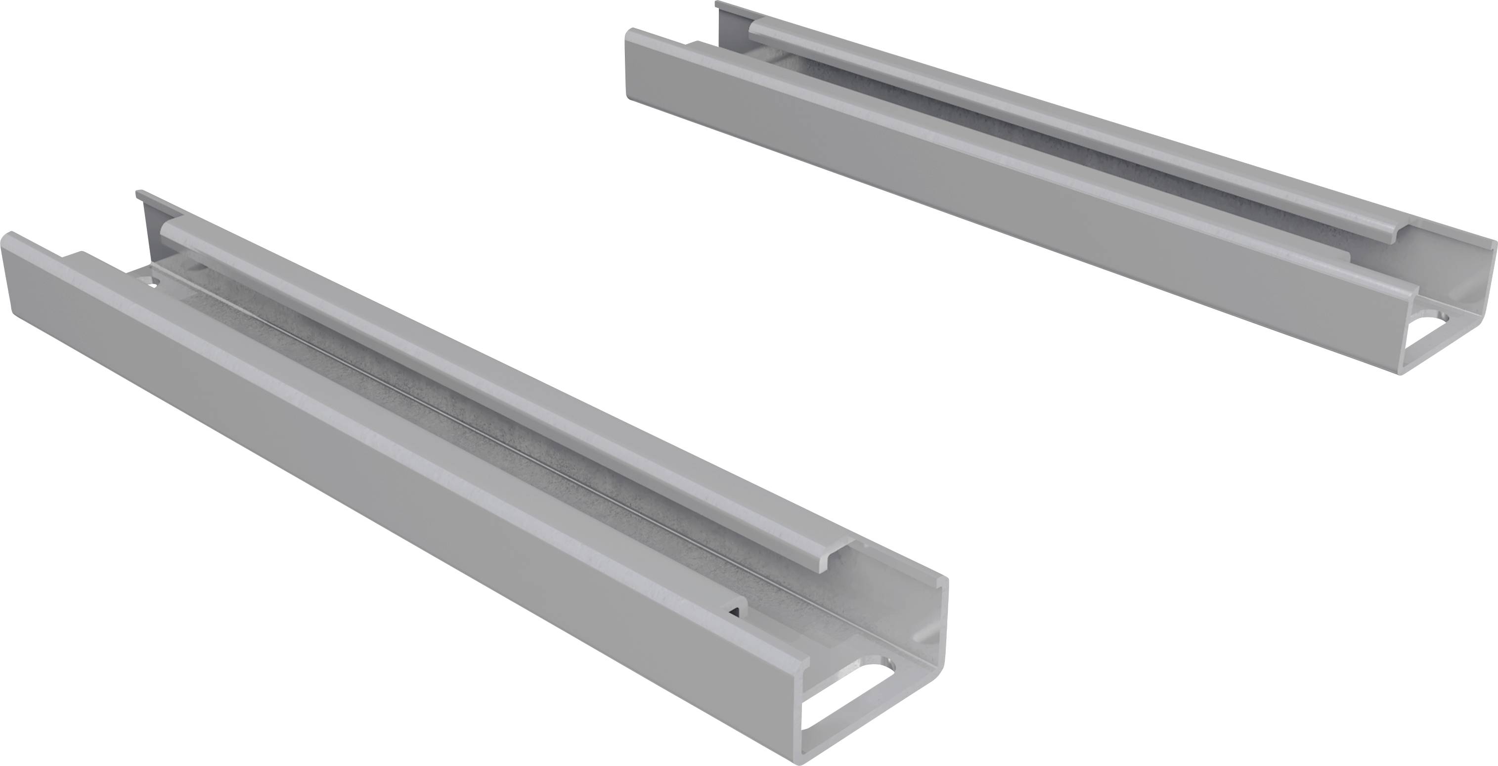 Zwei graue Metallschienen liegen parallel auf einem weißen Hintergrund. Sie sind längliche, rechteckige Konstruktionselemente.