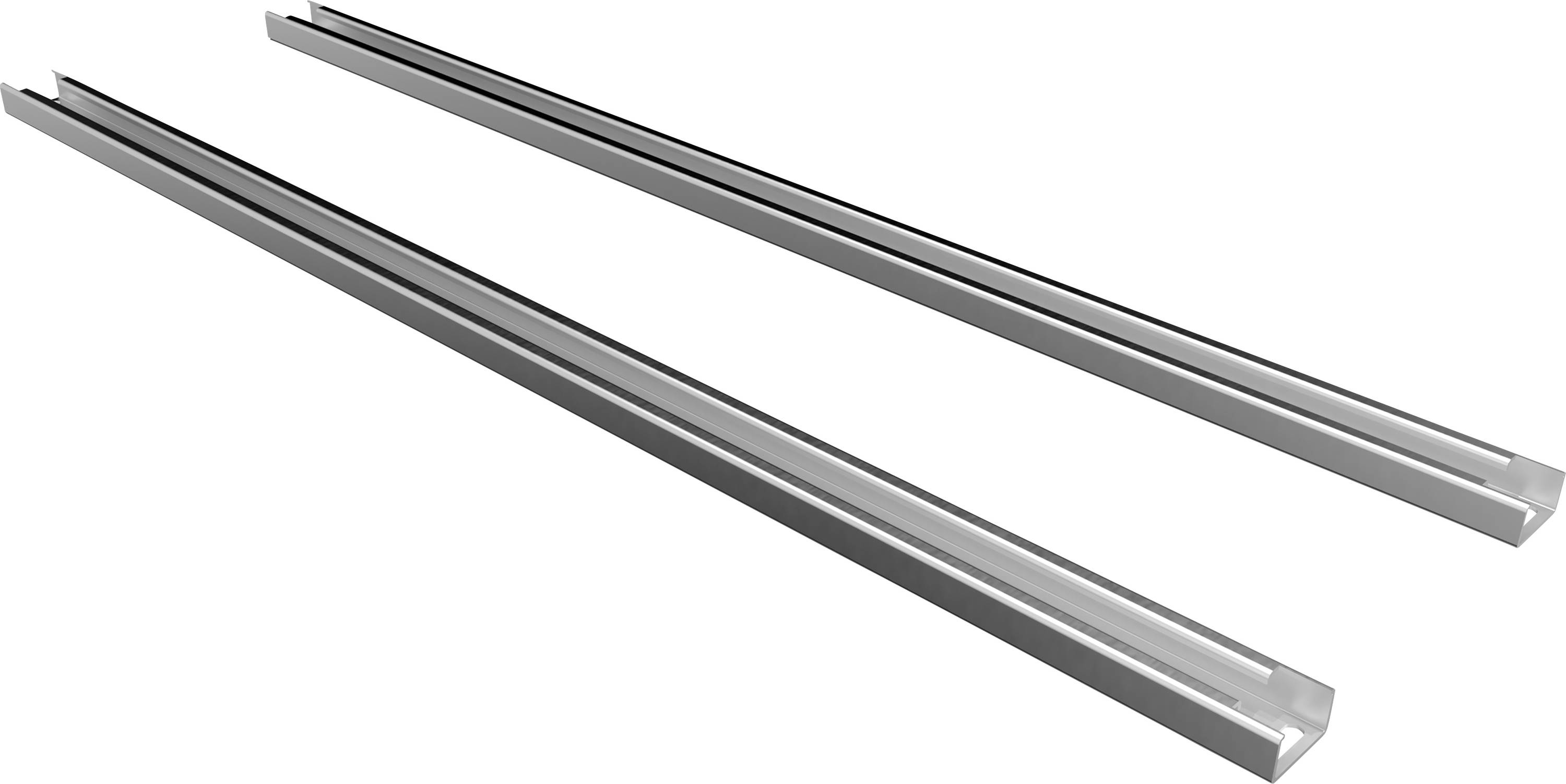 Zwei lange, parallele Metallstangen mit U-förmigem Querschnitt liegen nebeneinander. Sie scheinen für strukturelle Anwendungen geeignet.