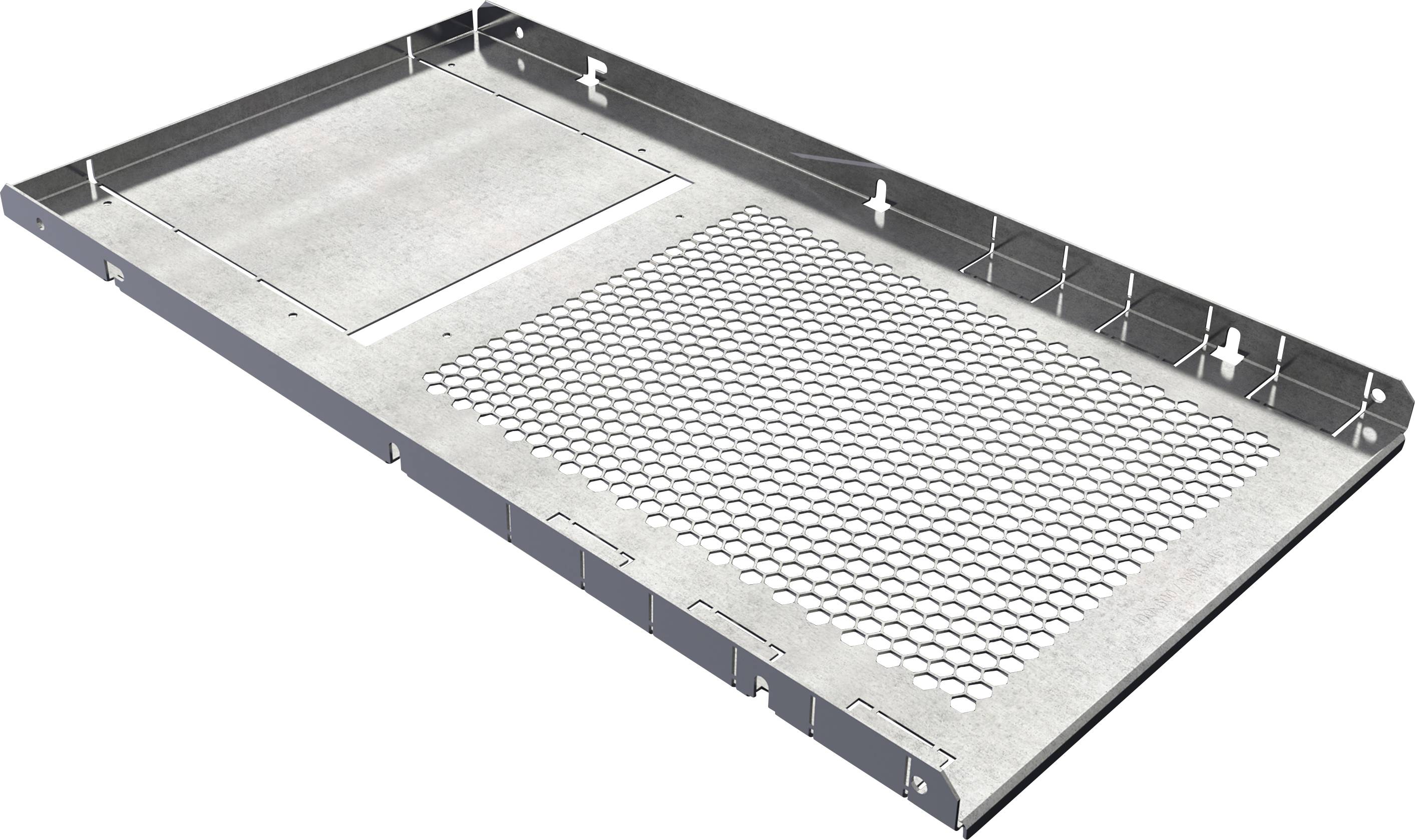 Ein rechteckiges Metallfach mit Gitter und fester Platte. Es dient vermutlich zur Belüftung oder Abdeckung in industriellen Anwendungen.