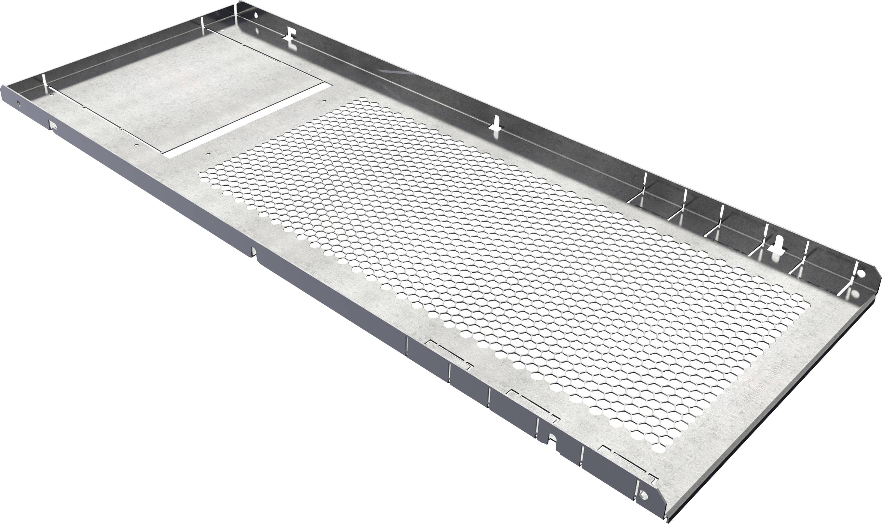 Rechteckiger Metallgitterboden mit umlaufendem Rahmen. Eignet sich zur Belüftung oder Entwässerung in Bau- und Landwirtschaftsanwendungen.