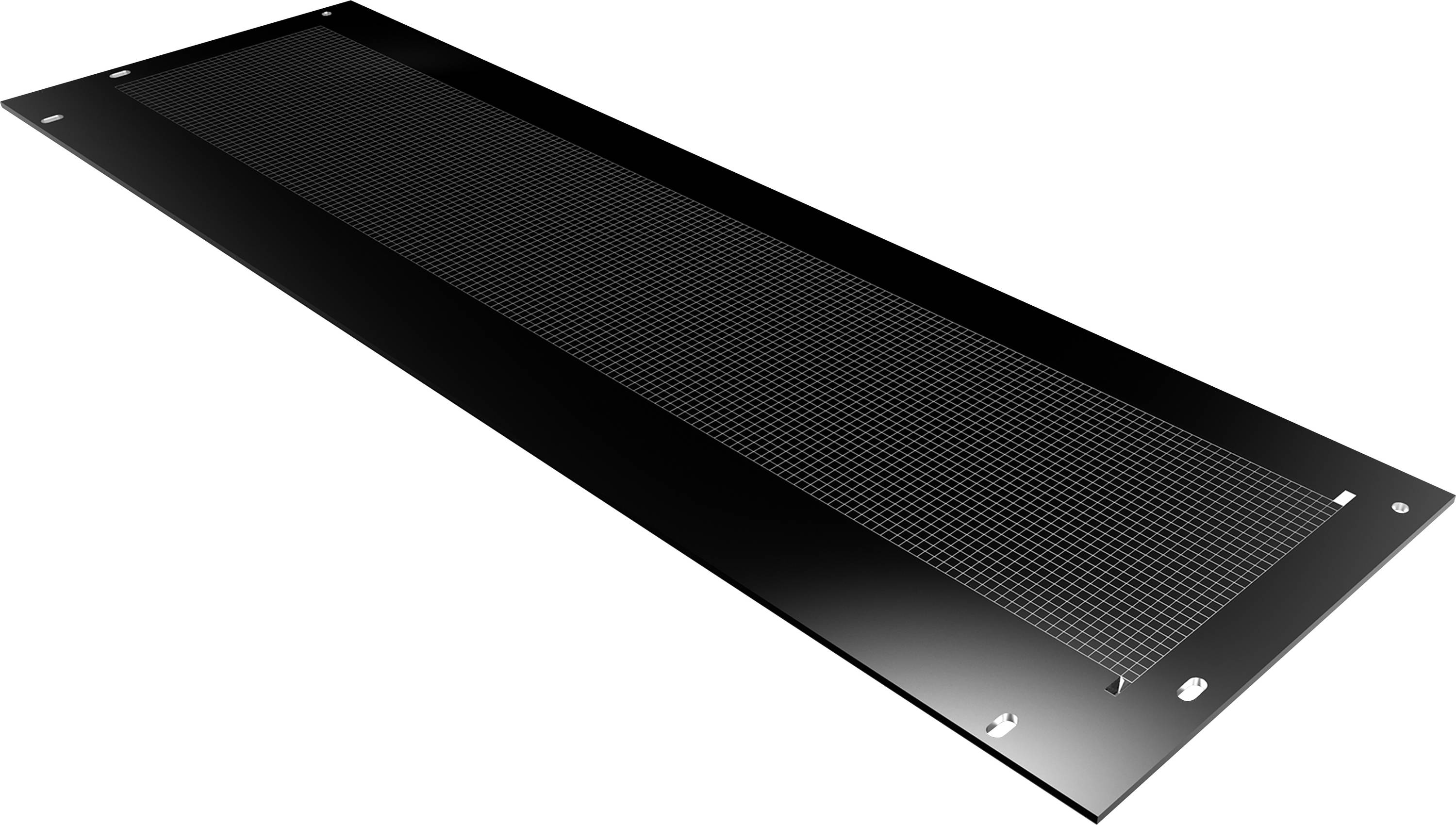 Schwarzes, rechteckiges Belüftungsgitter mit feinem Netzgewebe, umgeben von einem glatt glänzenden Rahmen, in diagonaler Ansicht.