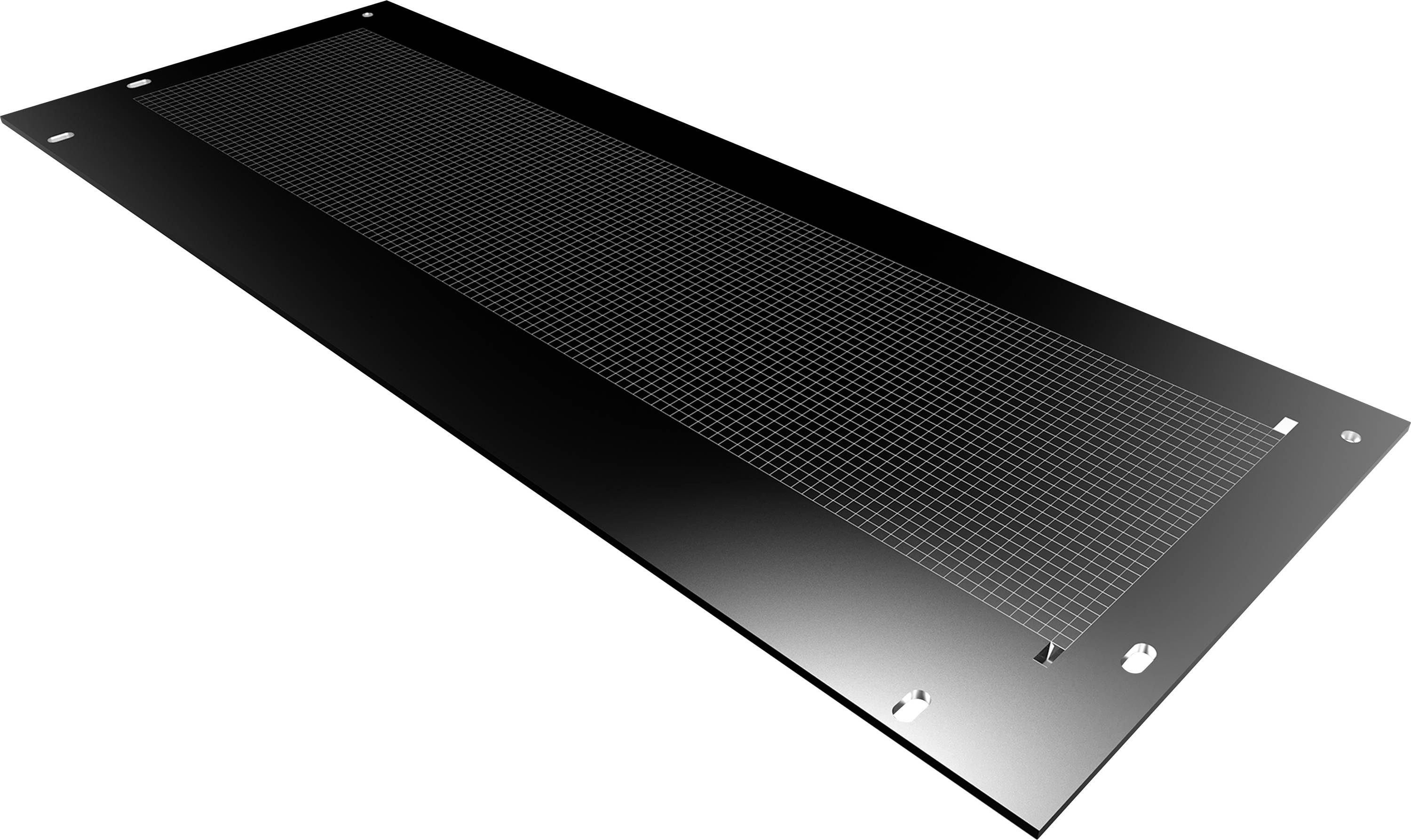 Ein rechteckiges, schwarzes Lüftungsgitter aus Metall mit Schraubenlöchern an den Ecken für die Montage an einer Oberfläche.
