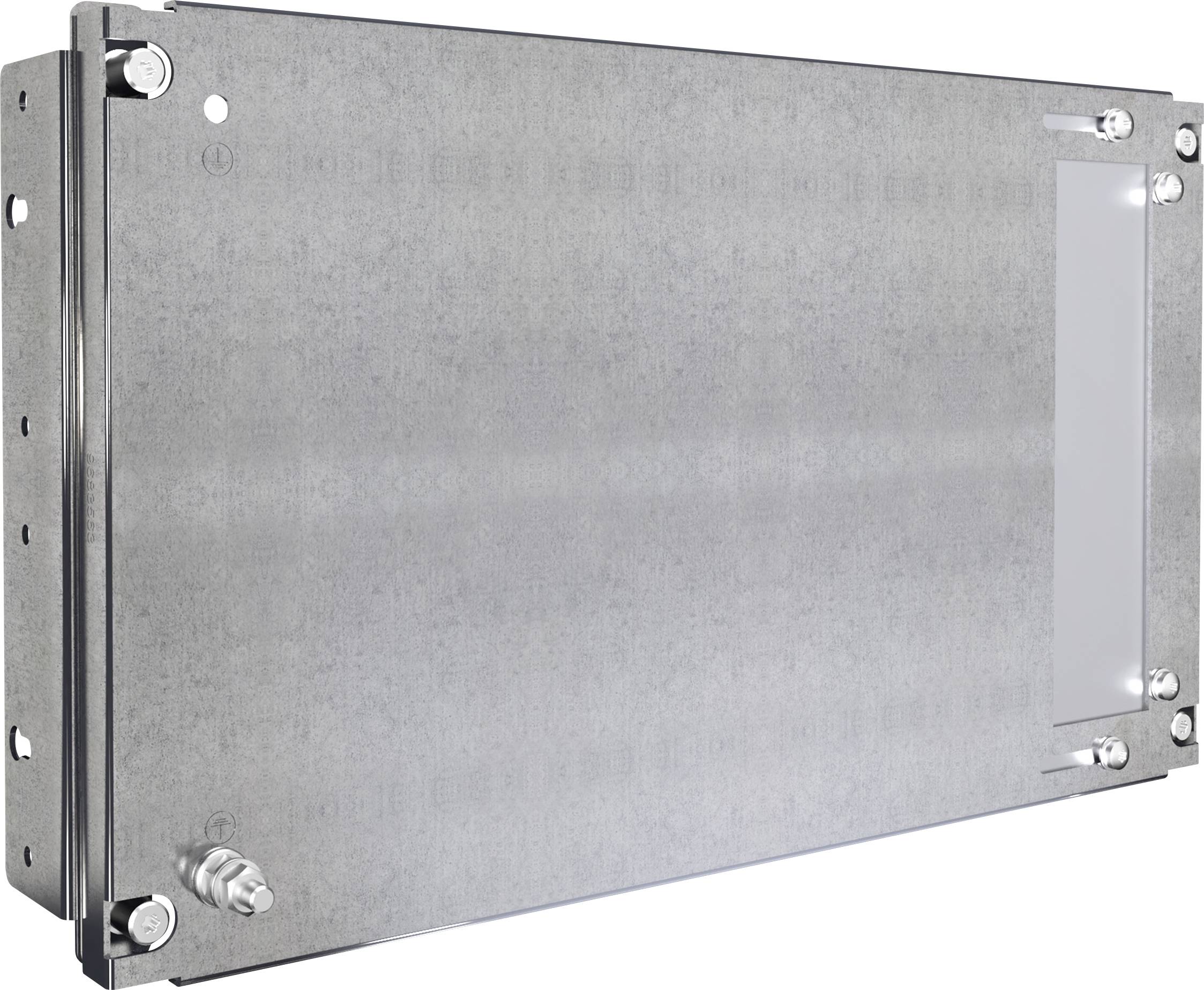 Metallplatte mit rechteckiger Form, Befestigungslöchern und einem Kunststoffstreifen auf der rechten Seite, möglicherweise für Displays.