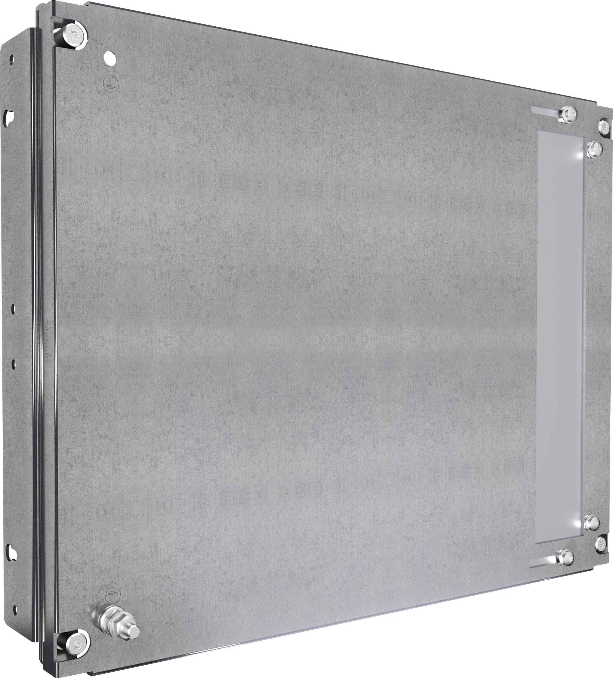 Ein rechteckiges Metallgehäuse mit Befestigungselementen und einem transparenten Bereich rechts, möglicherweise für industrielle Anwendungen.