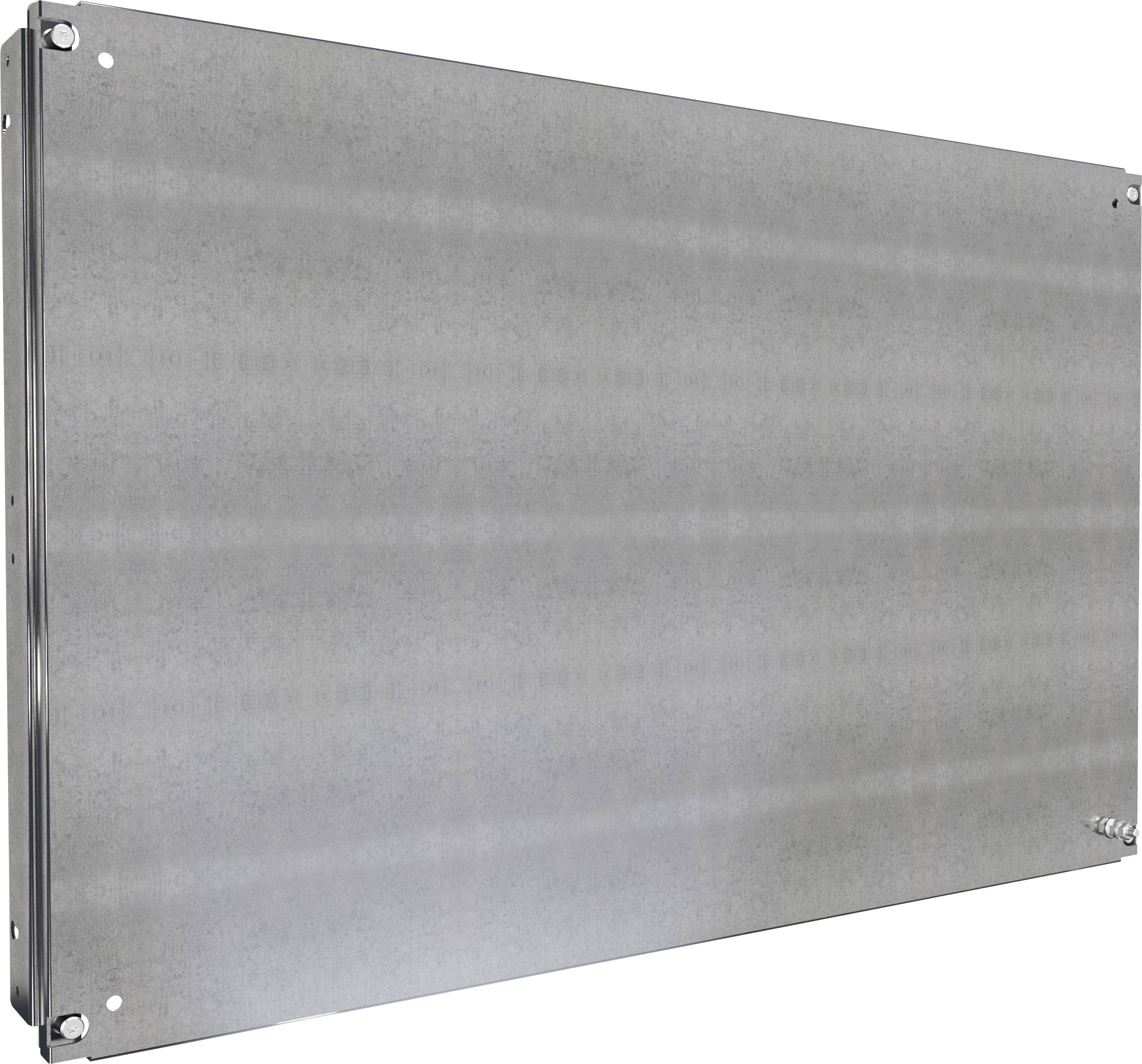 Eine rechteckige, einfarbige Metallplatte mit Schrauben in den Ecken, vor einem neutralen Hintergrund.