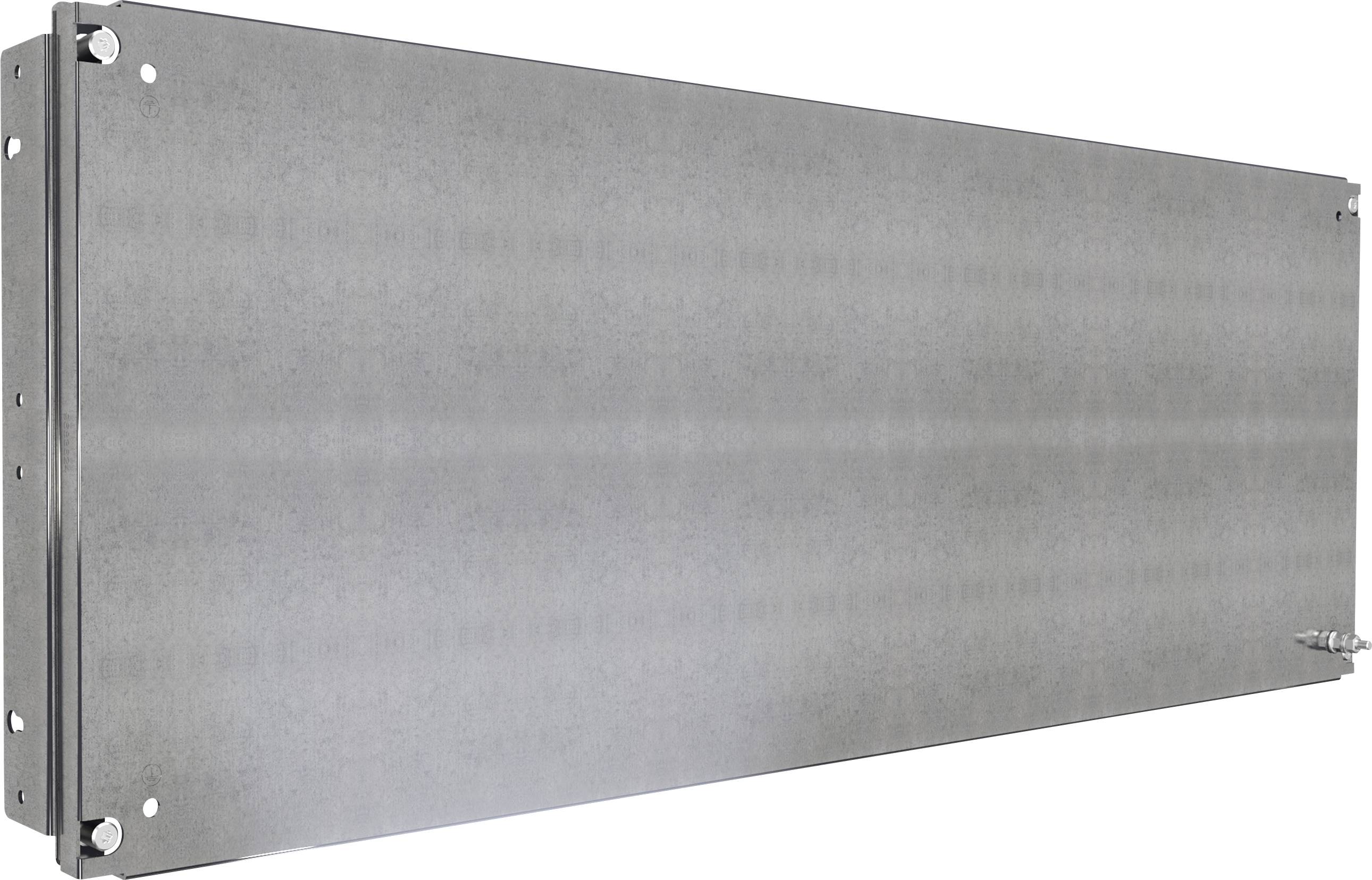 Metallplatte in rechteckiger Form mit Schraubenlöchern an den Ecken. Geeignet für Befestigungszwecke oder als Abdeckung.