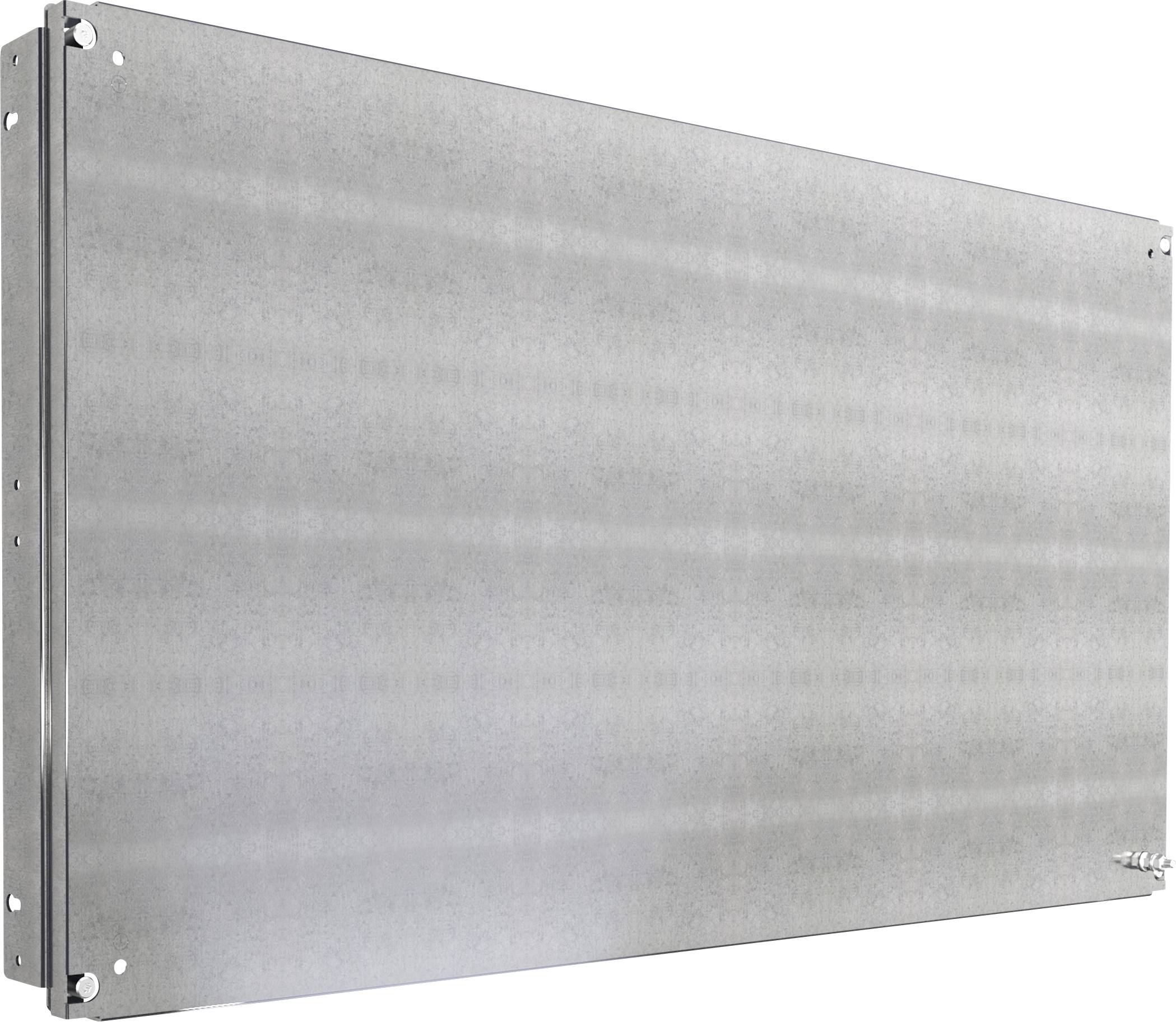Graues rechteckiges Metallpaneel mit abgerundeten Ecken und Schrauben an den Seiten.