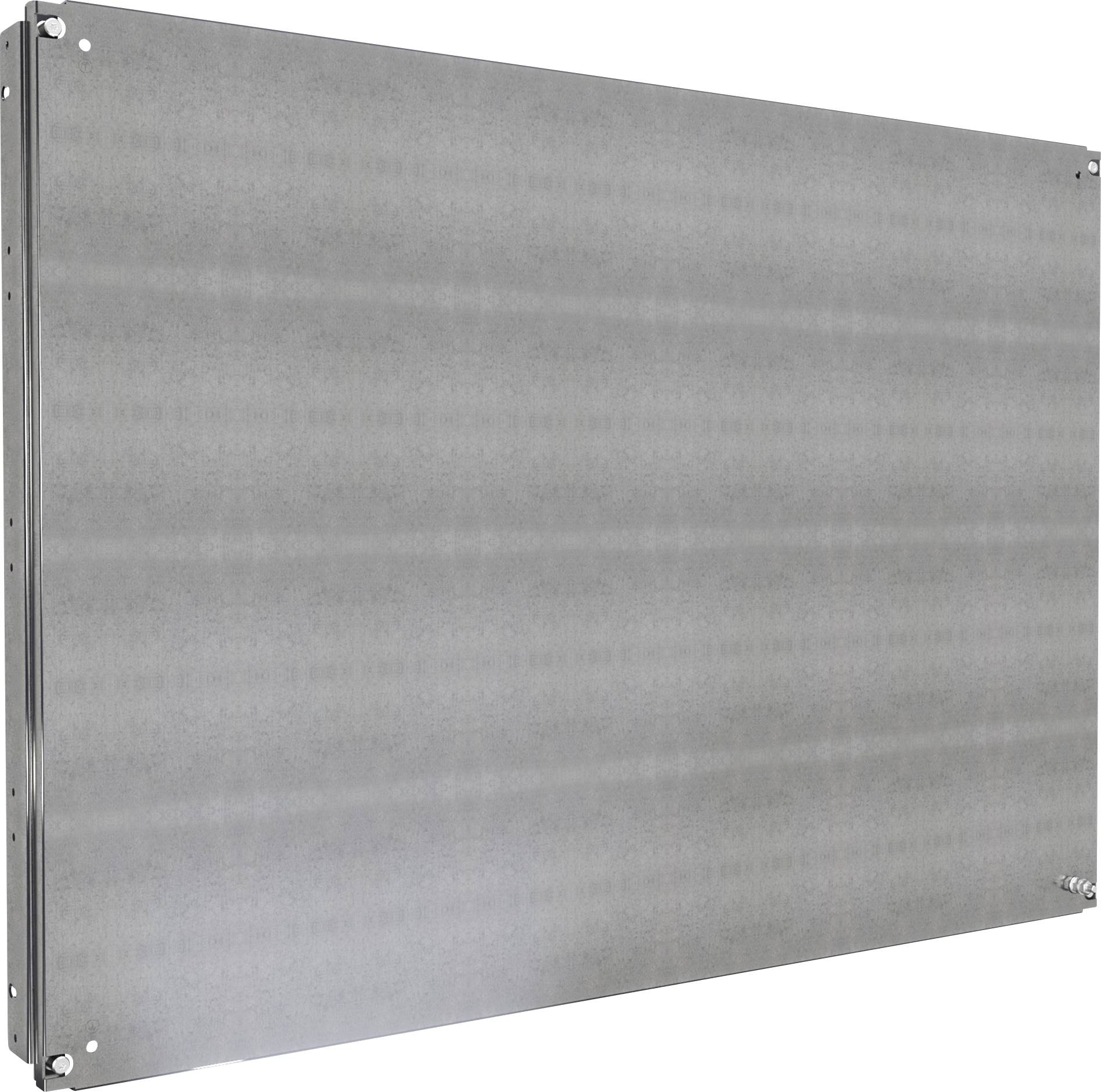 Graues, rechteckiges Metallpanel mit Schrauben an den Ecken, vor neutralem Hintergrund.