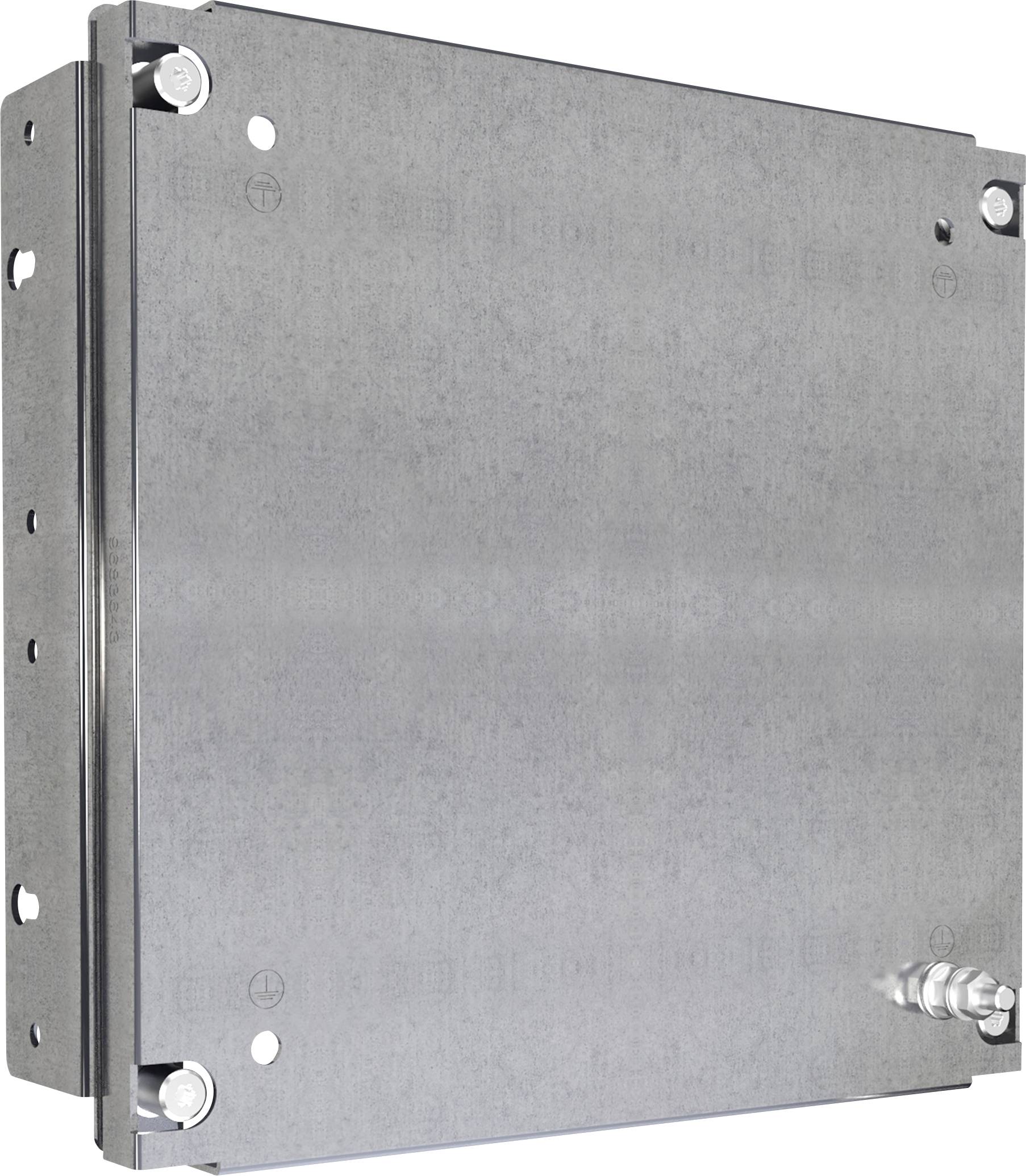 Metallischer Kasten mit Halterungen und sichtbaren Schrauben an den Ecken. Ein Anschluss ist an der Unterseite angebracht.