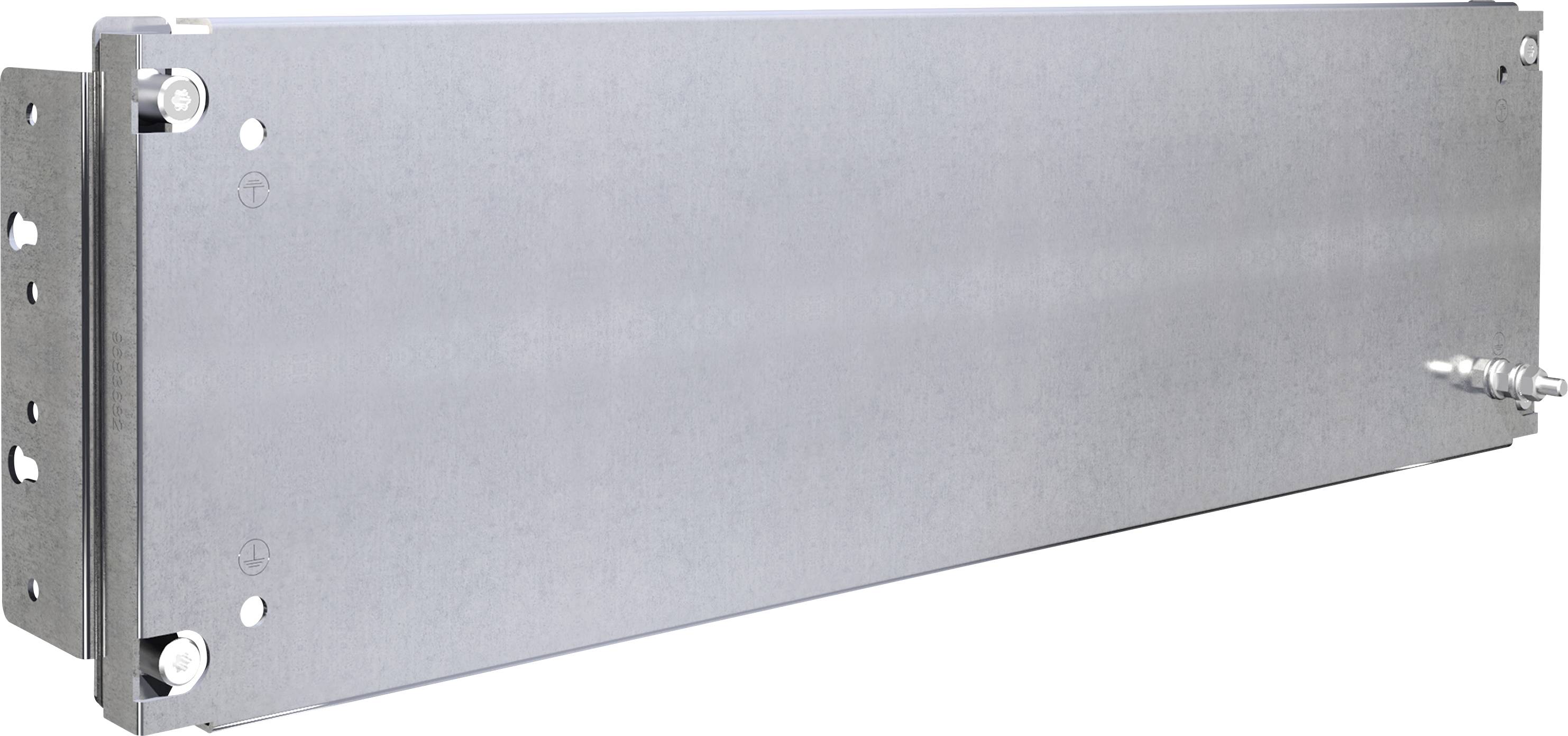 Metallisches elektronisches Gehäuse, rechteckig, mit mehreren Schrauben an den Seiten.