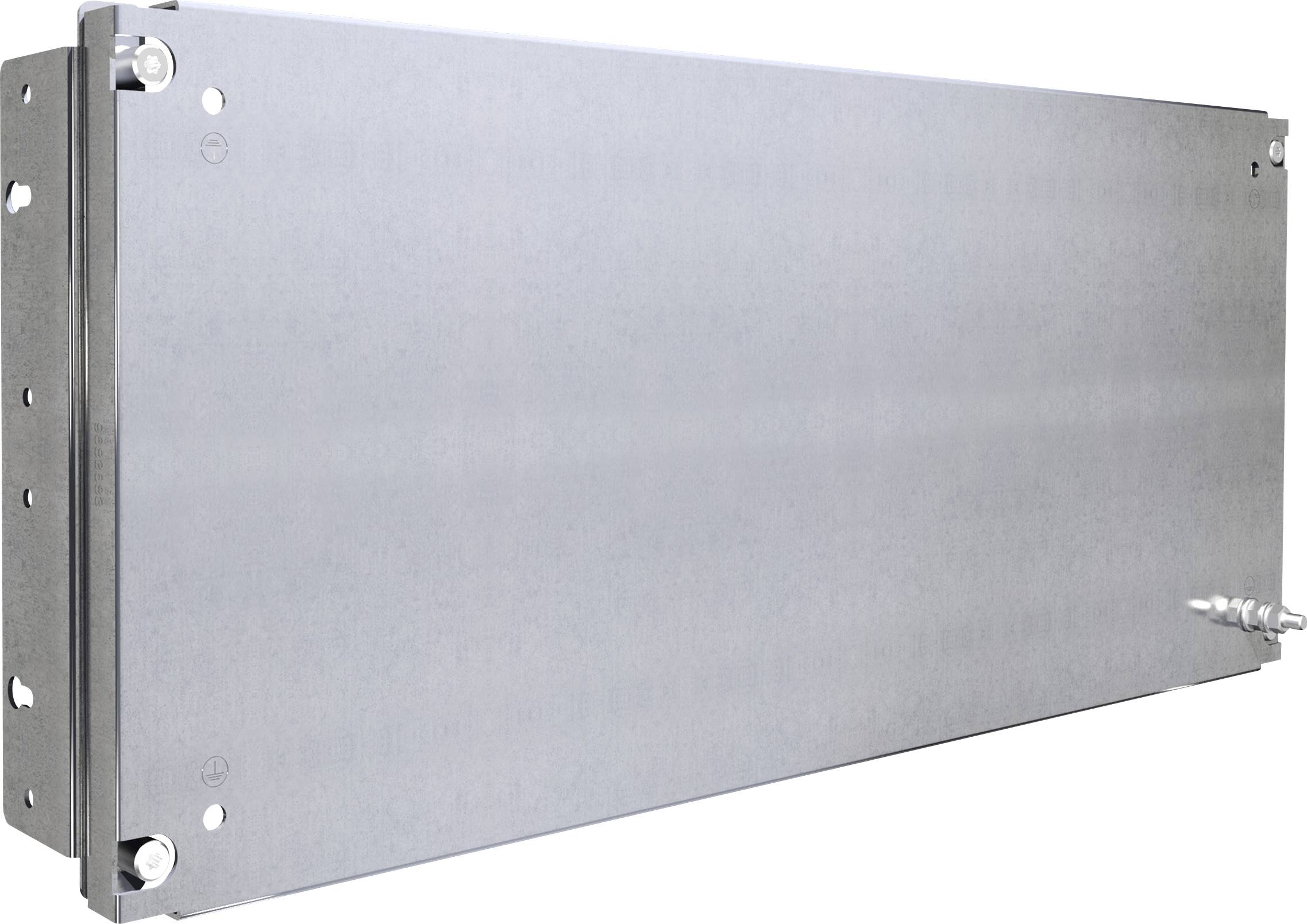 Ein silbernes, rechteckiges Metallgehäuse mit mehreren Schraubenlöchern und einem Anschluss auf der rechten Seite.