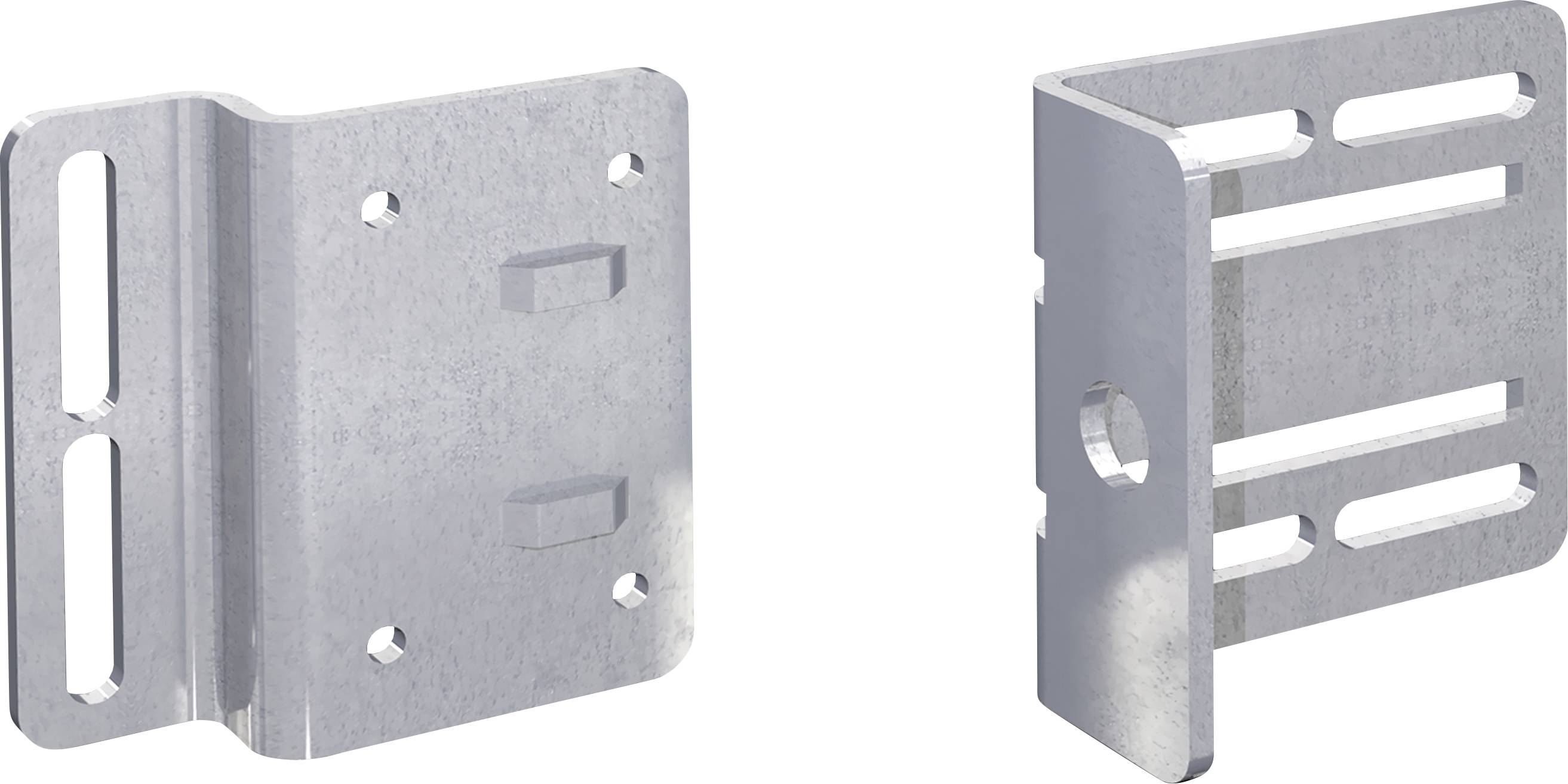 Zwei Metallwinkel, einer mit Löchern und Schlitzen, der andere mit kreisförmigem Loch, für Befestigungszwecke.