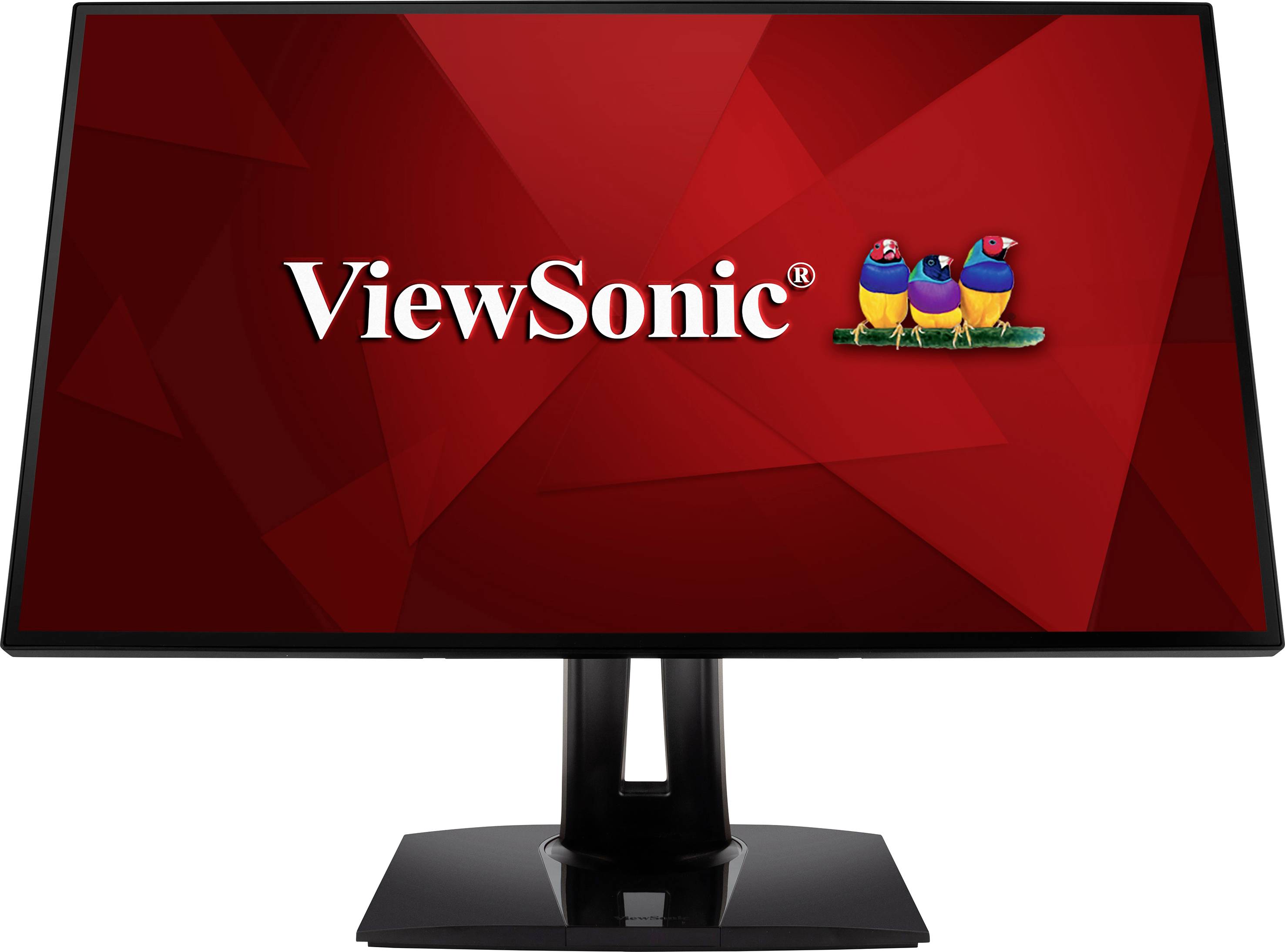 Ein Computermonitor mit rotem Hintergrund zeigt das Logo der Marke 'ViewSonic', bestehend aus drei bunten Vögeln.
