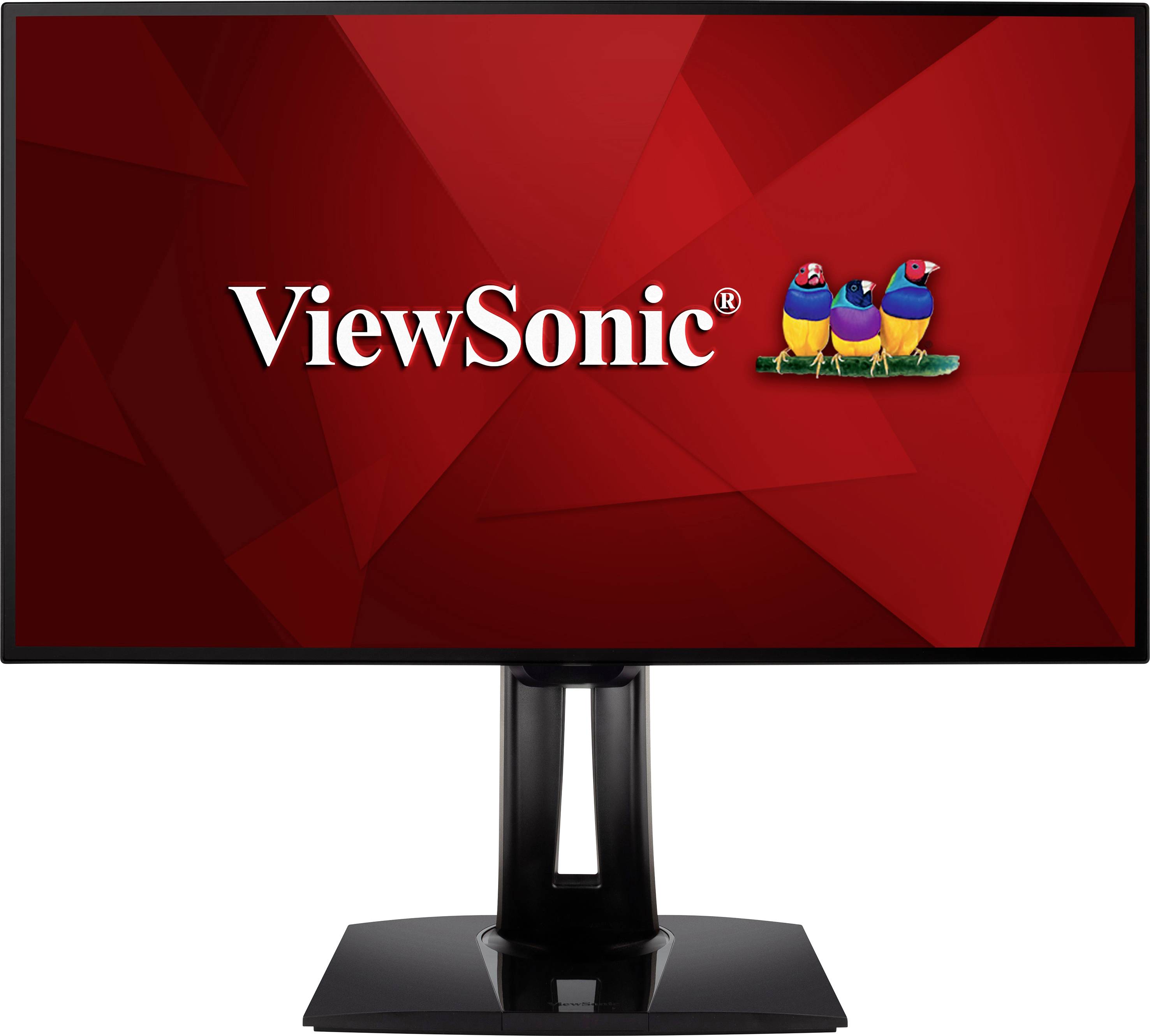 Ein Monitor mit rotem Bildschirm zeigt das Logo 'ViewSonic' und drei Vögel.