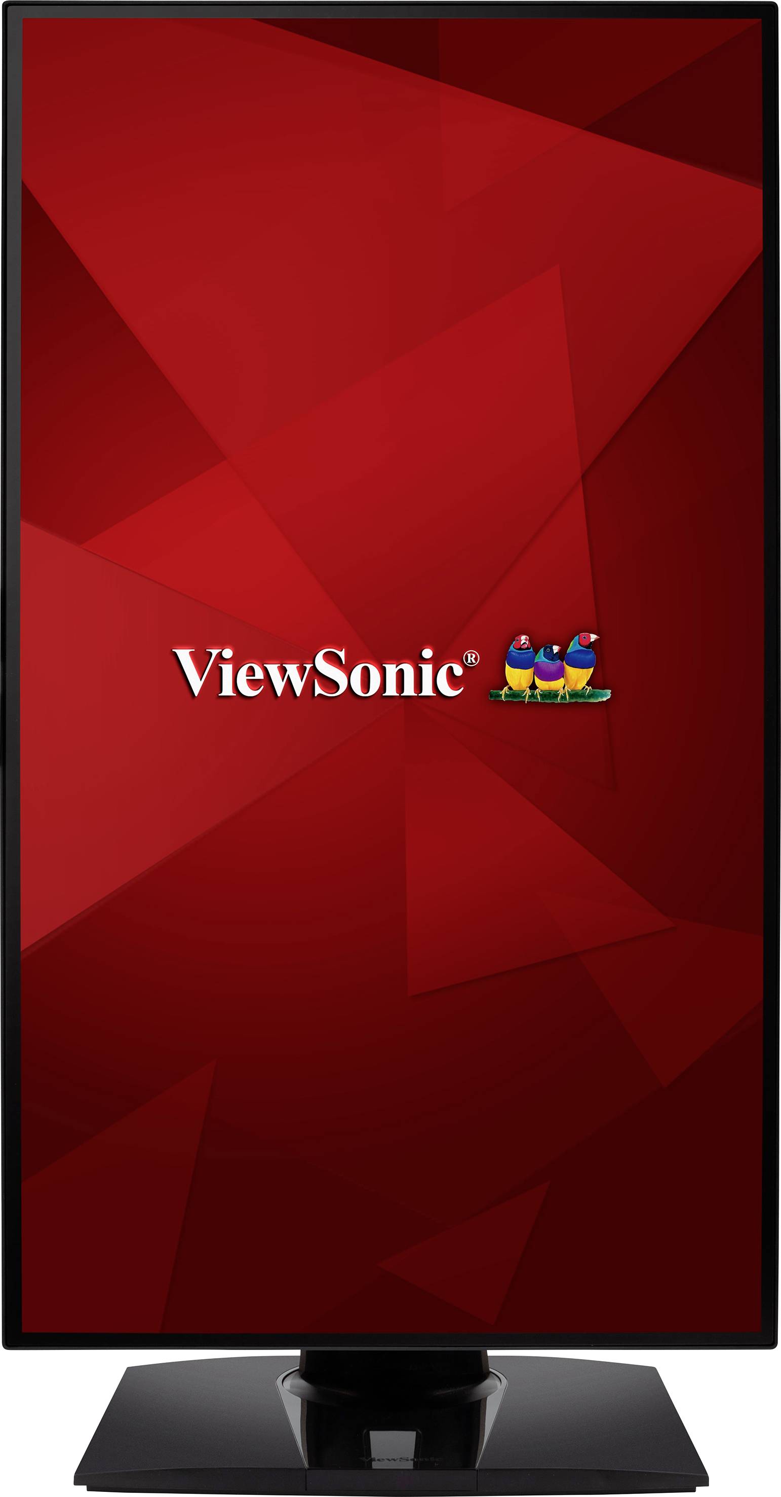 Ein Computermonitor von ViewSonic in vertikaler Ausrichtung mit leuchtend rotem Hintergrund und dem ViewSonic-Logo in der Mitte.