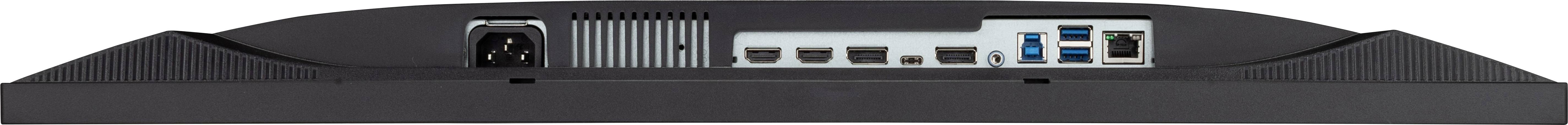 Anschlüsse auf der Rückseite eines Monitors: Stromanschluss, HDMI, USB, Audioausgang.