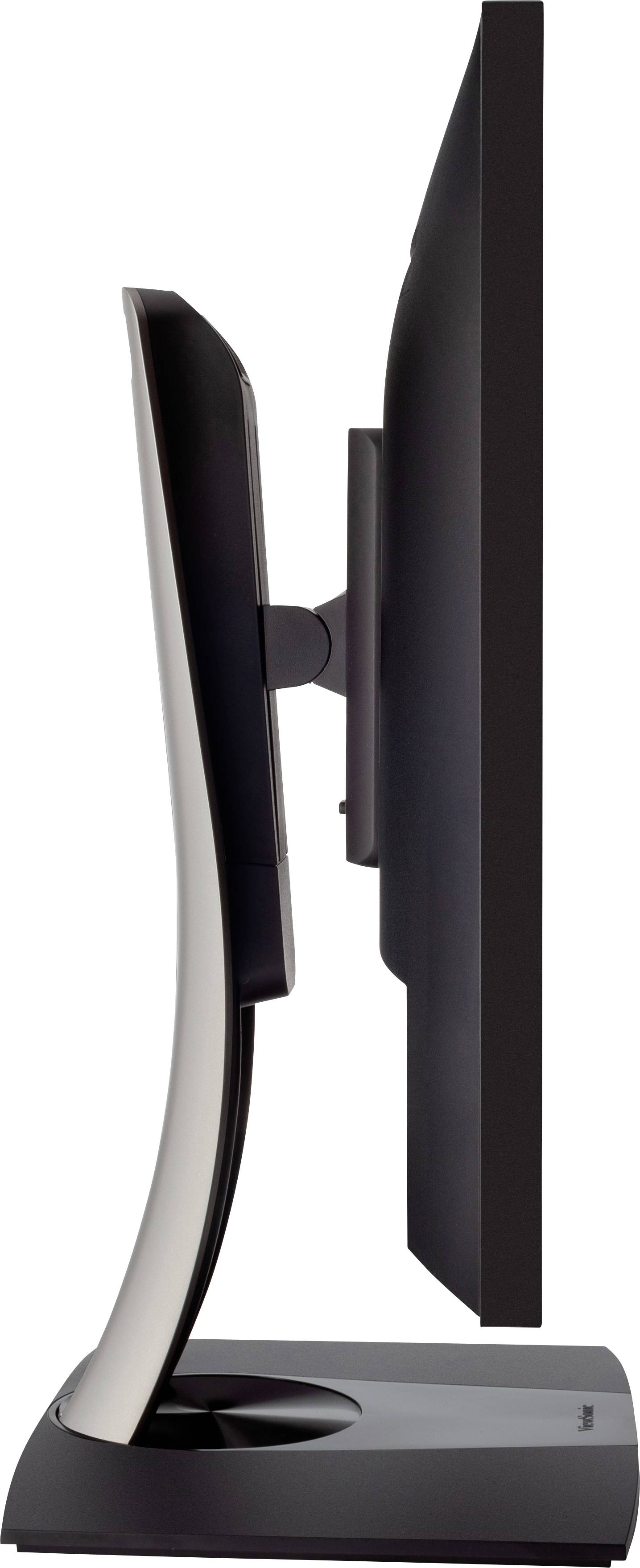 Ein dünner Computermonitor im Profil gezeigt. Der Bildschirm ist schwarz mit einem gebogenen Standfuß, der eine schlanke Form hat.