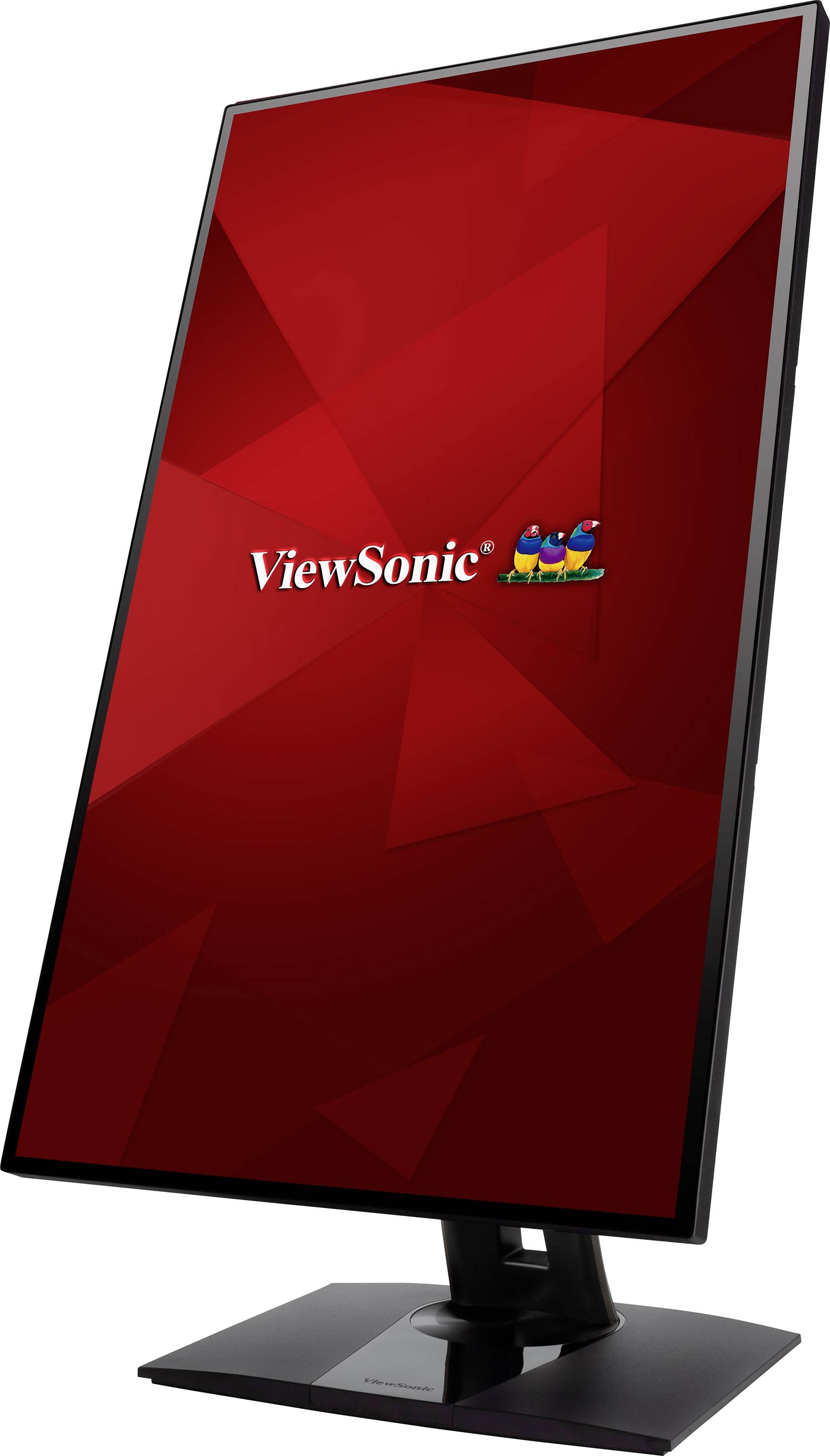 Schwarzer ViewSonic-Monitor in vertikaler Ausrichtung mit rotem Bildschirmhintergrund und gespiegeltem farbigem Logo in der Mitte.