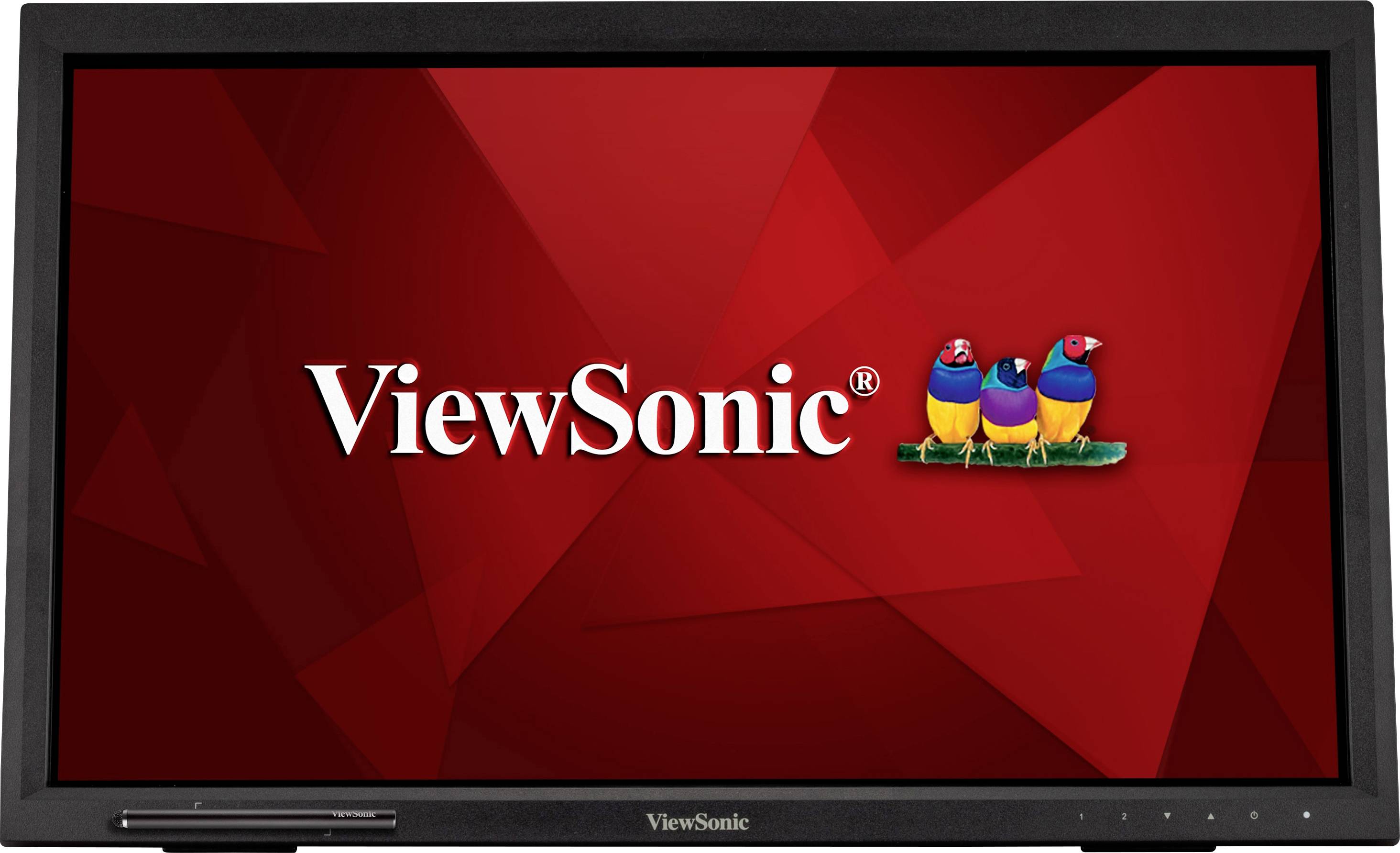 Ein Monitor mit dem Firmenlogo von ViewSonic, das drei bunte Vögel zeigt, auf einem roten geometrischen Hintergrund.