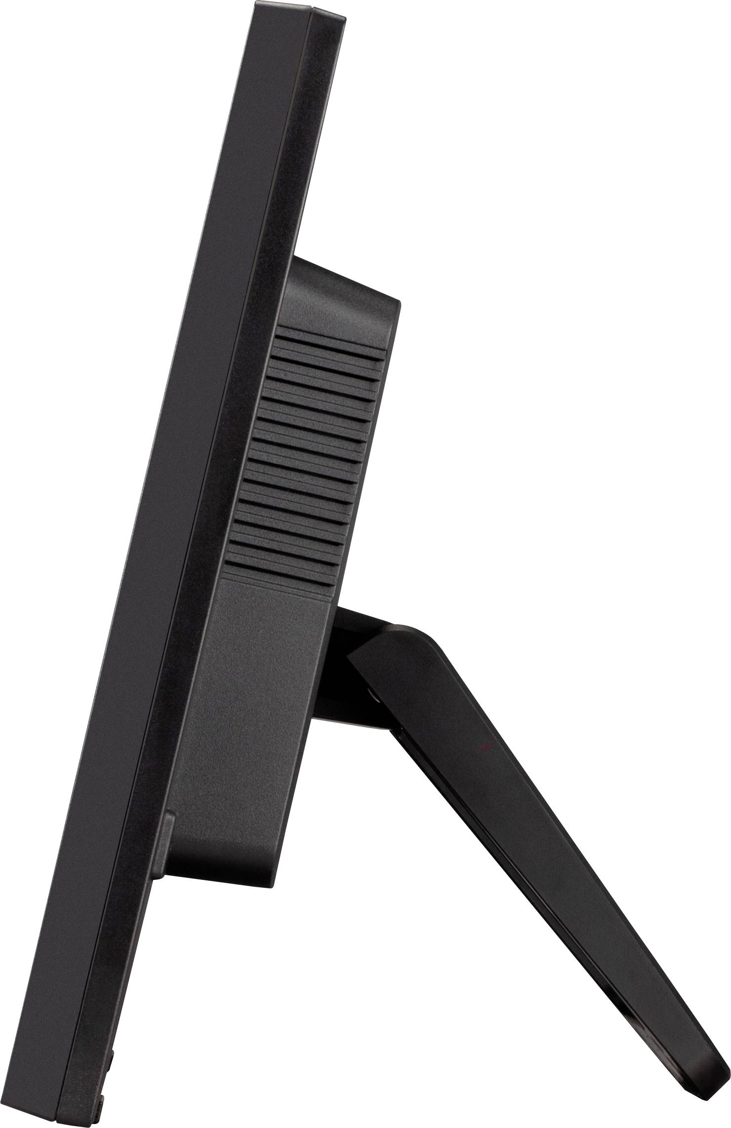 Seitliche Ansicht eines schwarzen Monitors mit Standfuß, der zeigt, wie das Gerät auf einem Tisch steht.