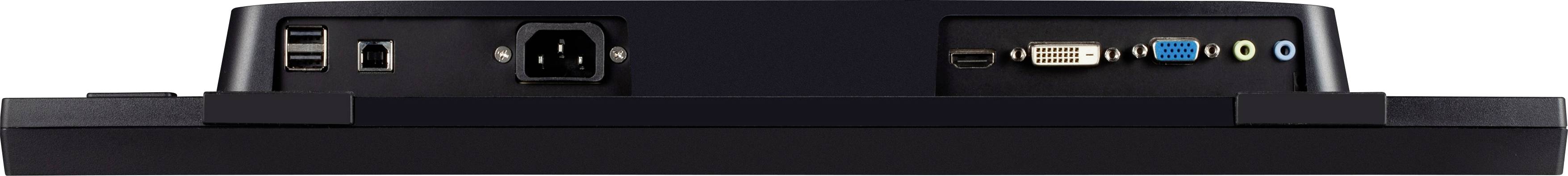 Rückseite eines Monitors mit verschiedenen Anschlüssen, darunter HDMI, VGA, USB und Audio.
