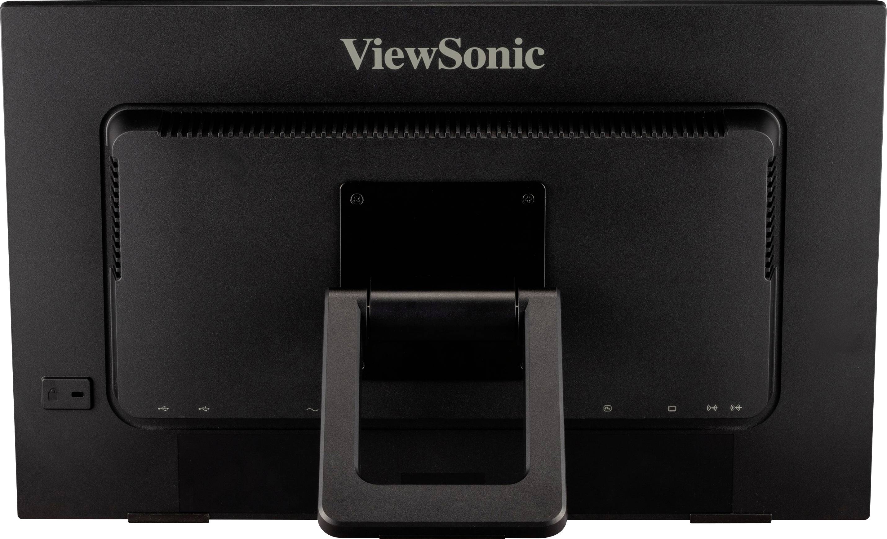 Rückseite eines ViewSonic-Monitors, schwarzes Gehäuse, mit verstellbarem Standfuß und Belüftungsschlitzen.