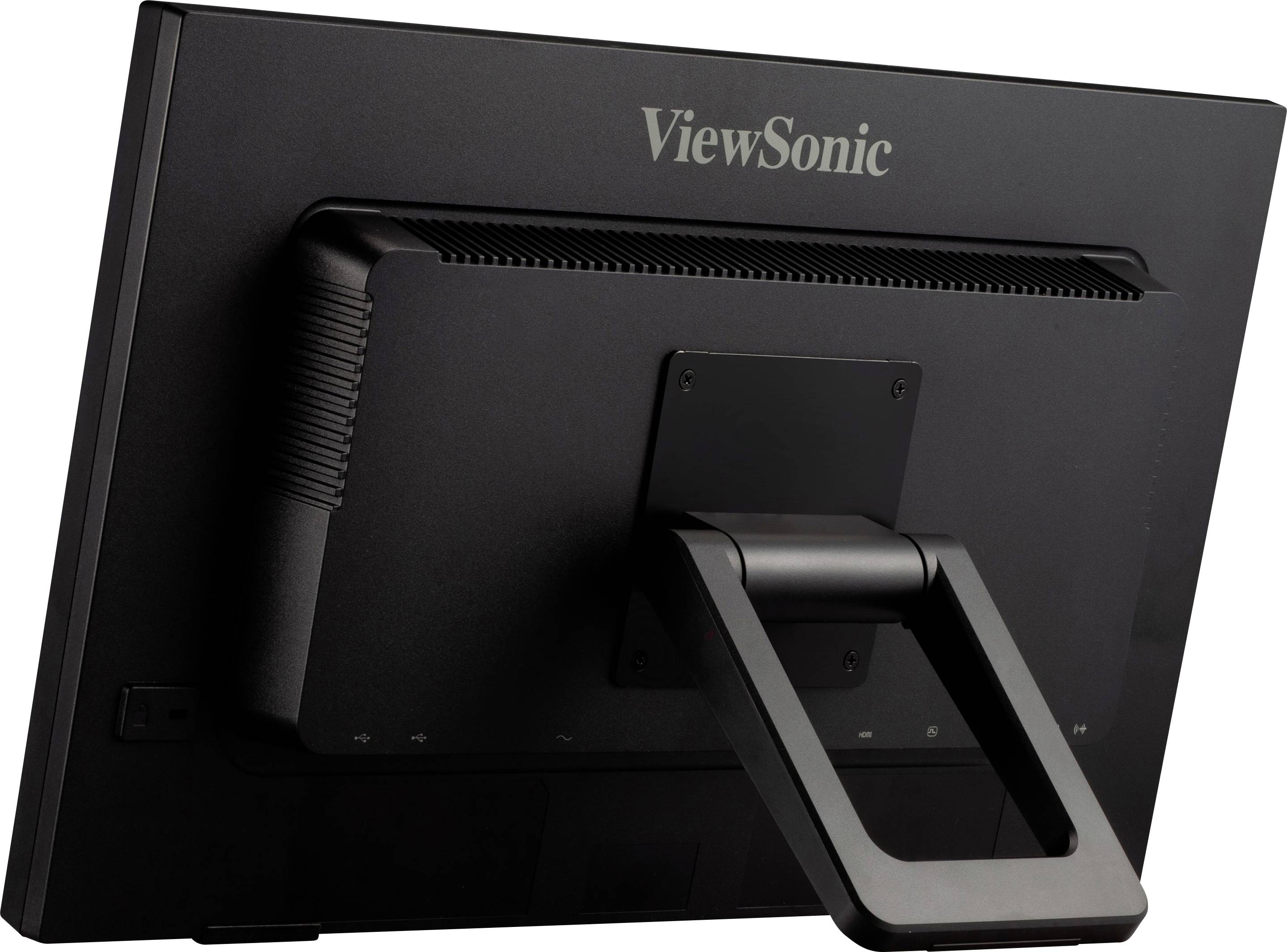 Ein schwarzer Monitor der Marke ViewSonic, von hinten betrachtet, zeigt den stabilen Standfuß und das schlichte, matte Design.