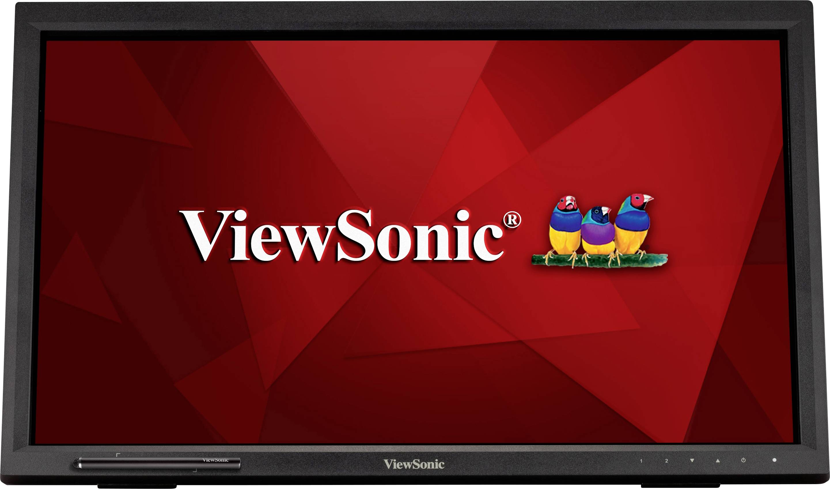Ein Monitor mit schwarzem Rahmen zeigt das Logo 'ViewSonic' in Weiß auf einem roten Hintergrund, daneben drei bunte Vögel.