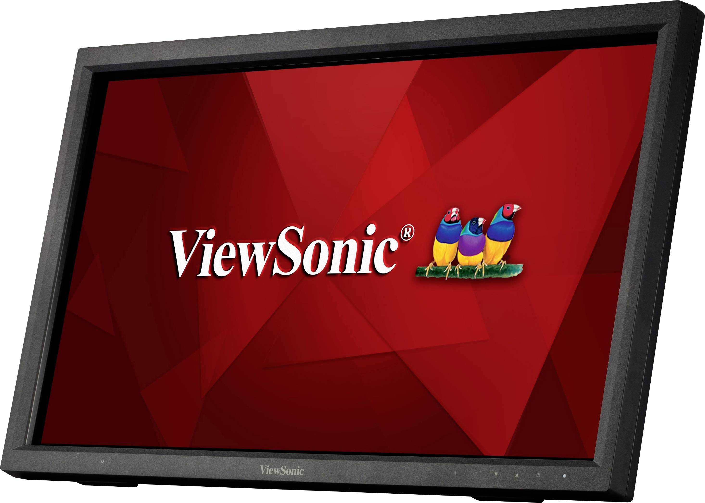 Ein Monitor der Marke ViewSonic mit rotem Hintergrund und dem ViewSonic-Logo, das drei bunte Vögel darstellt.