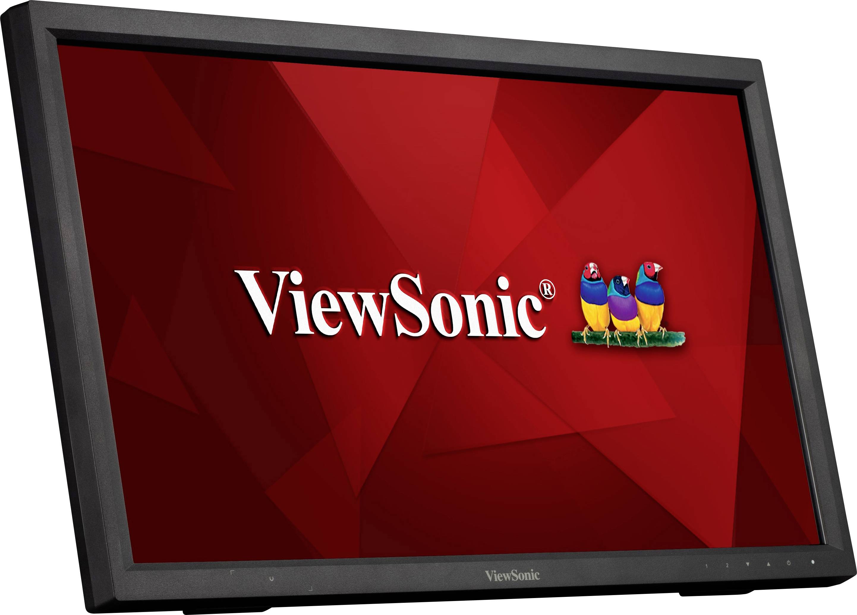 Ein schwarzer ViewSonic-Monitor zeigt ein rotes Bildschirm-Hintergrundbild mit dem Text 'ViewSonic' und dem Logo mit drei bunten Vögeln.