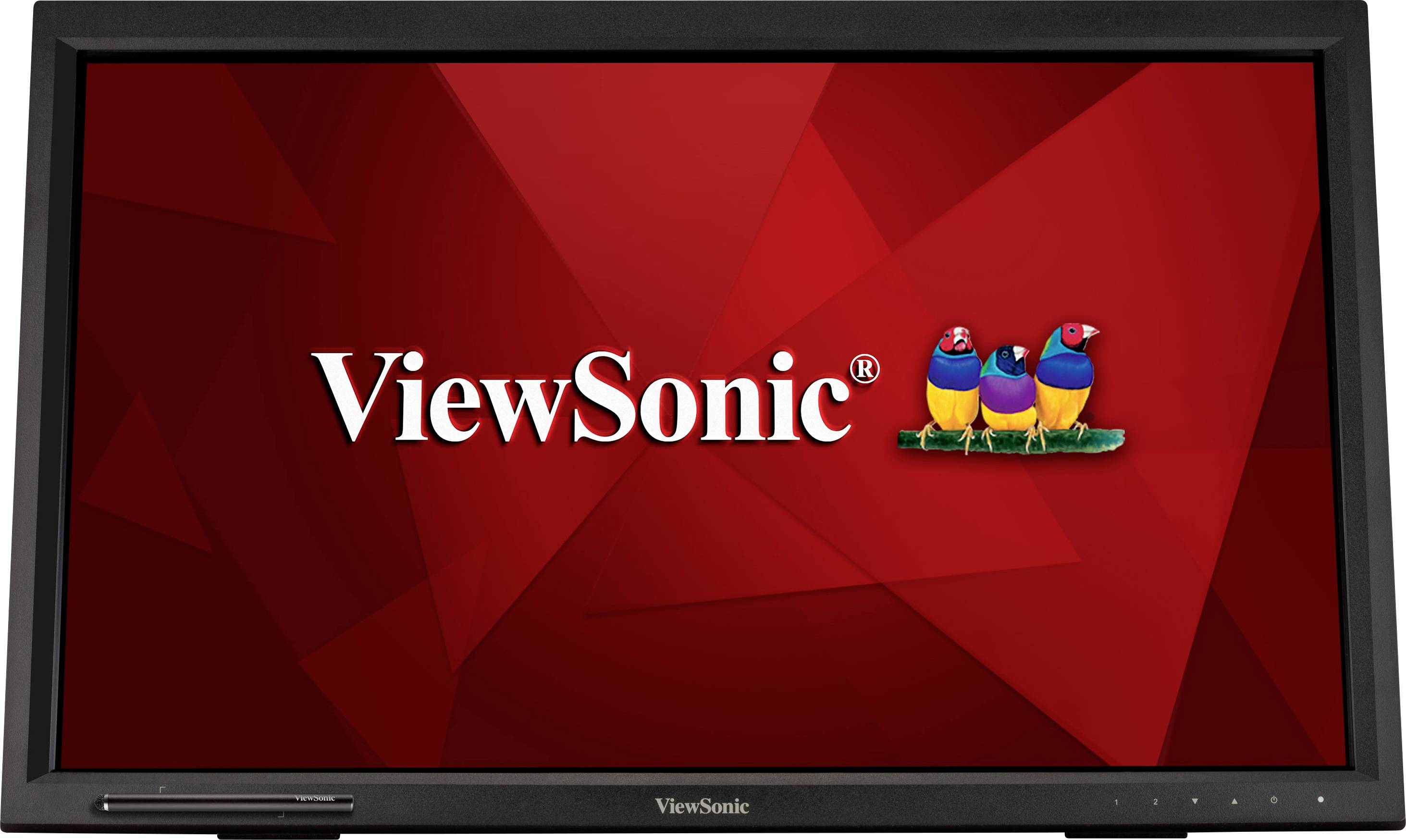 Ein Computermonitor zeigt das ViewSonic-Logo auf rotem Hintergrund, begleitet von drei bunten Vögeln rechts neben dem Schriftzug.