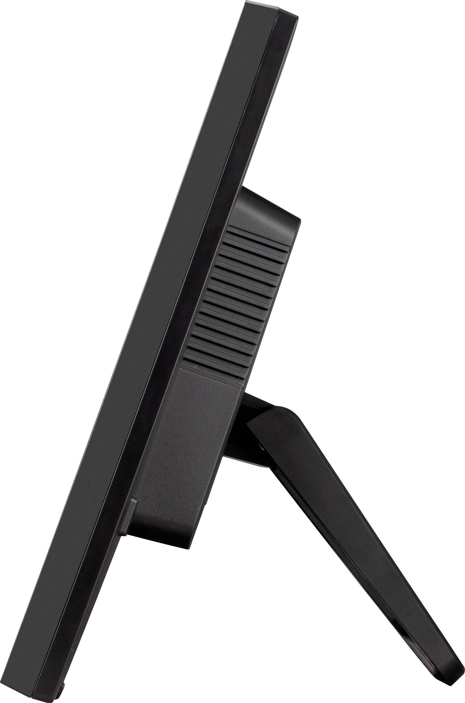 Schlanker, schwarzer Computermonitor mit Standfuß, seitliche Ansicht.