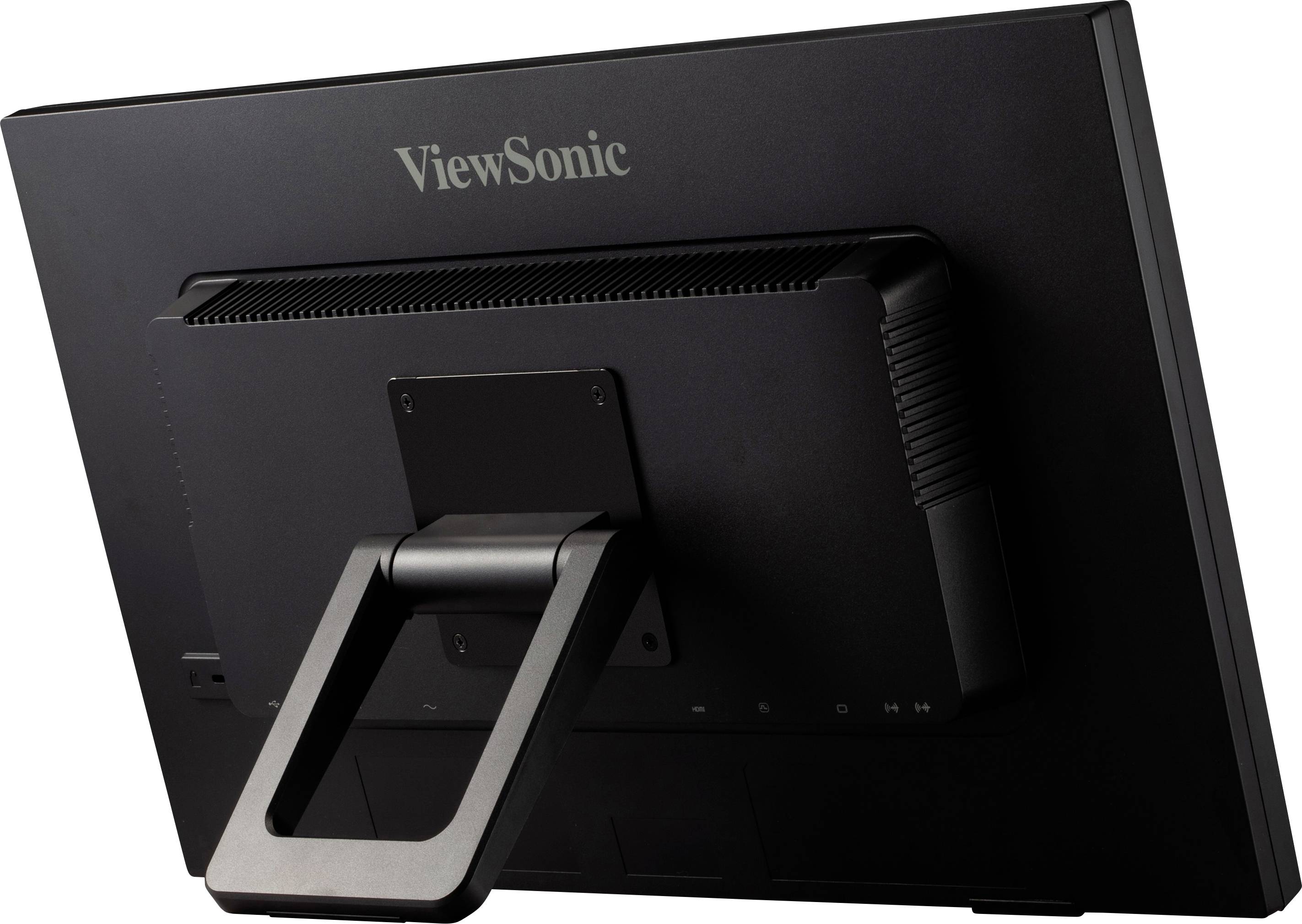 Rückansicht eines schwarzen ViewSonic Monitors, zeigt den Standfuß und die Lüftungsöffnungen oben am Gerät.