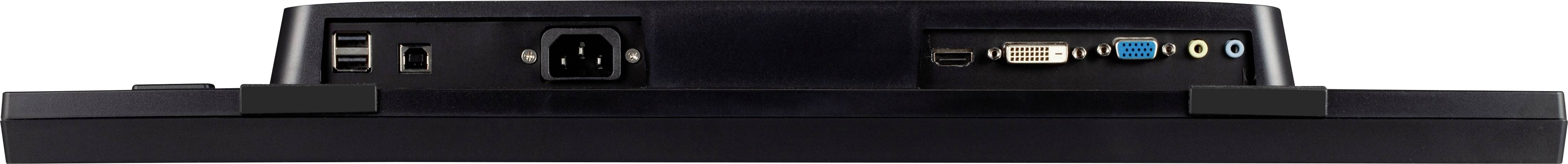 Rückseite eines Monitors mit verschiedenen Anschlüssen: Stromversorgung, USB, VGA, DVI, HDMI, Audio-Anschlüsse.