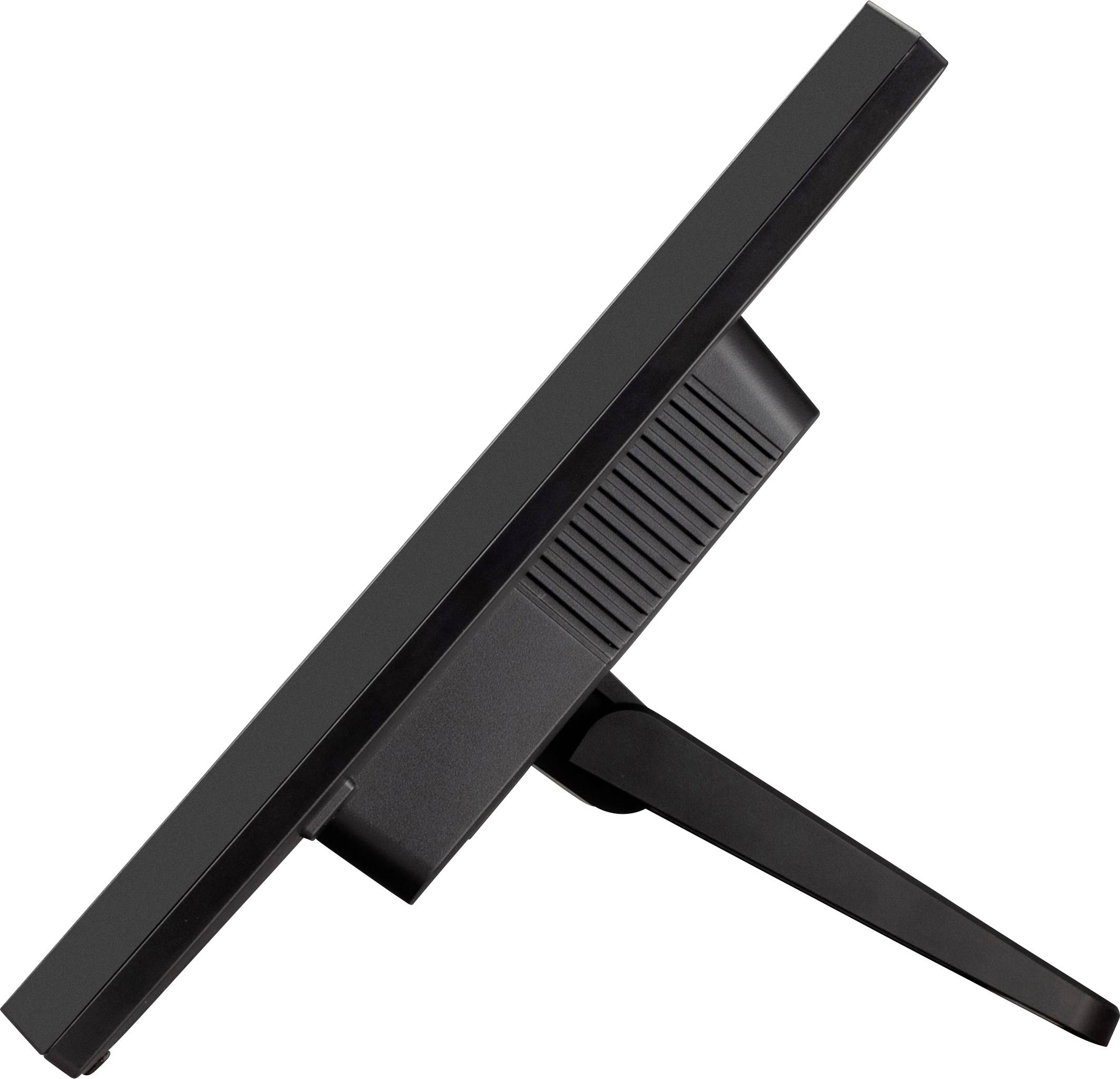 Ein Monitor im Profil, neigt sich leicht nach hinten. Schwarze Farbe, schlankes Design, ideal für moderne Arbeitsplätze.